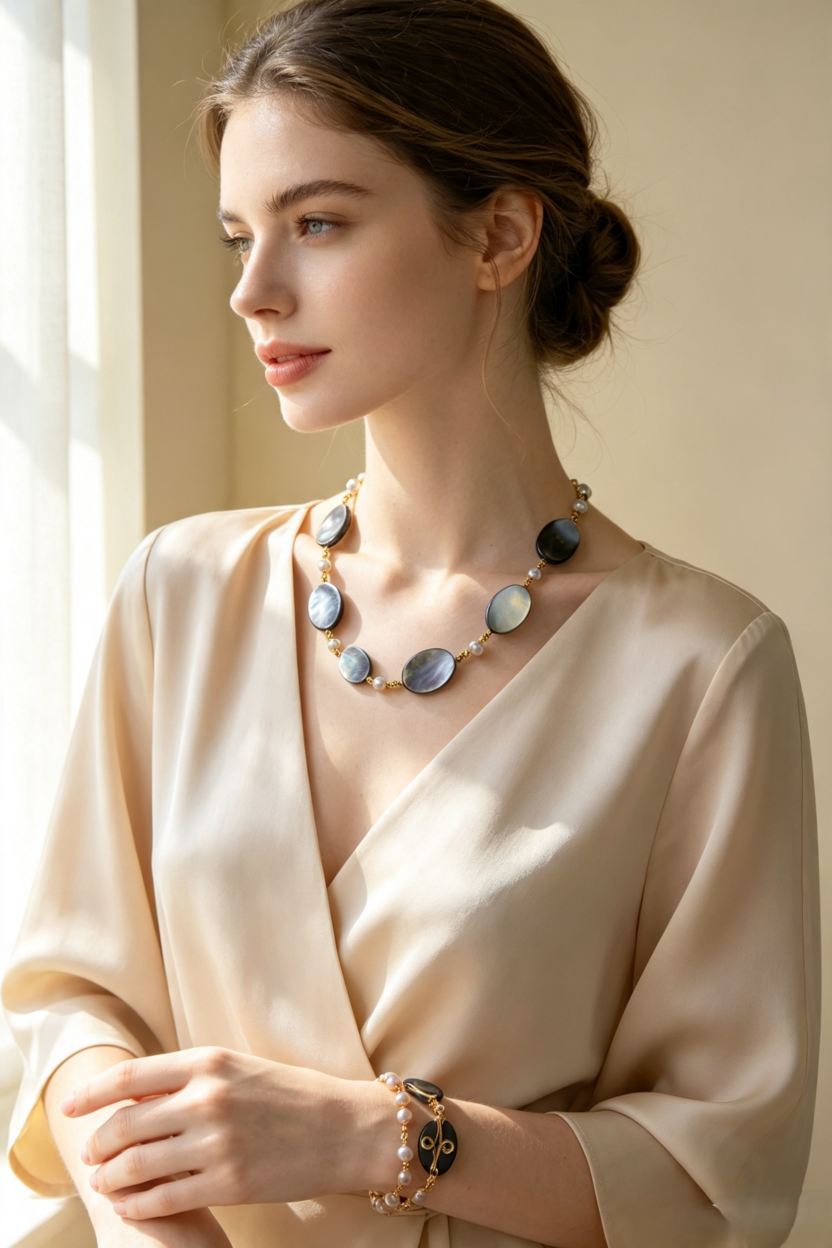 Aurora Black Shell Jewelry Set | Oval Pearl & Gold-Wrapped Necklace + Bracelet