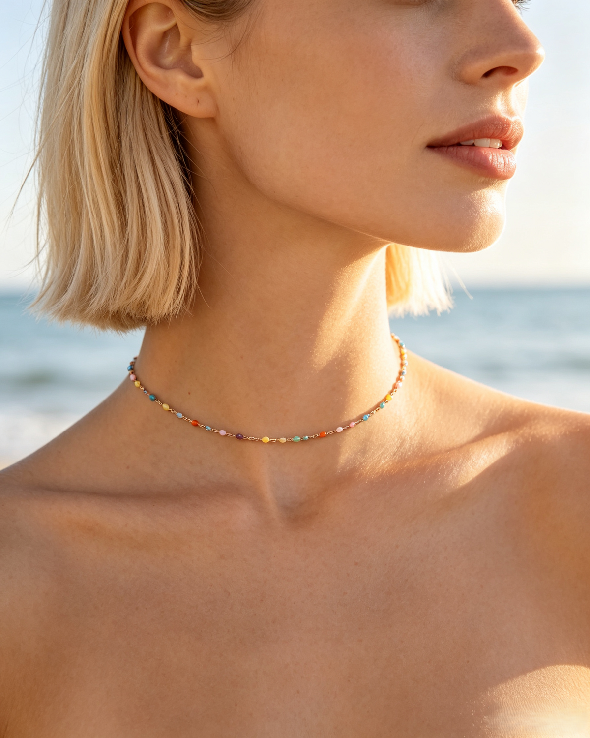 Colorful Beaded Choker Necklace | Dainty Gold Chain with Rainbow Enamel Beads