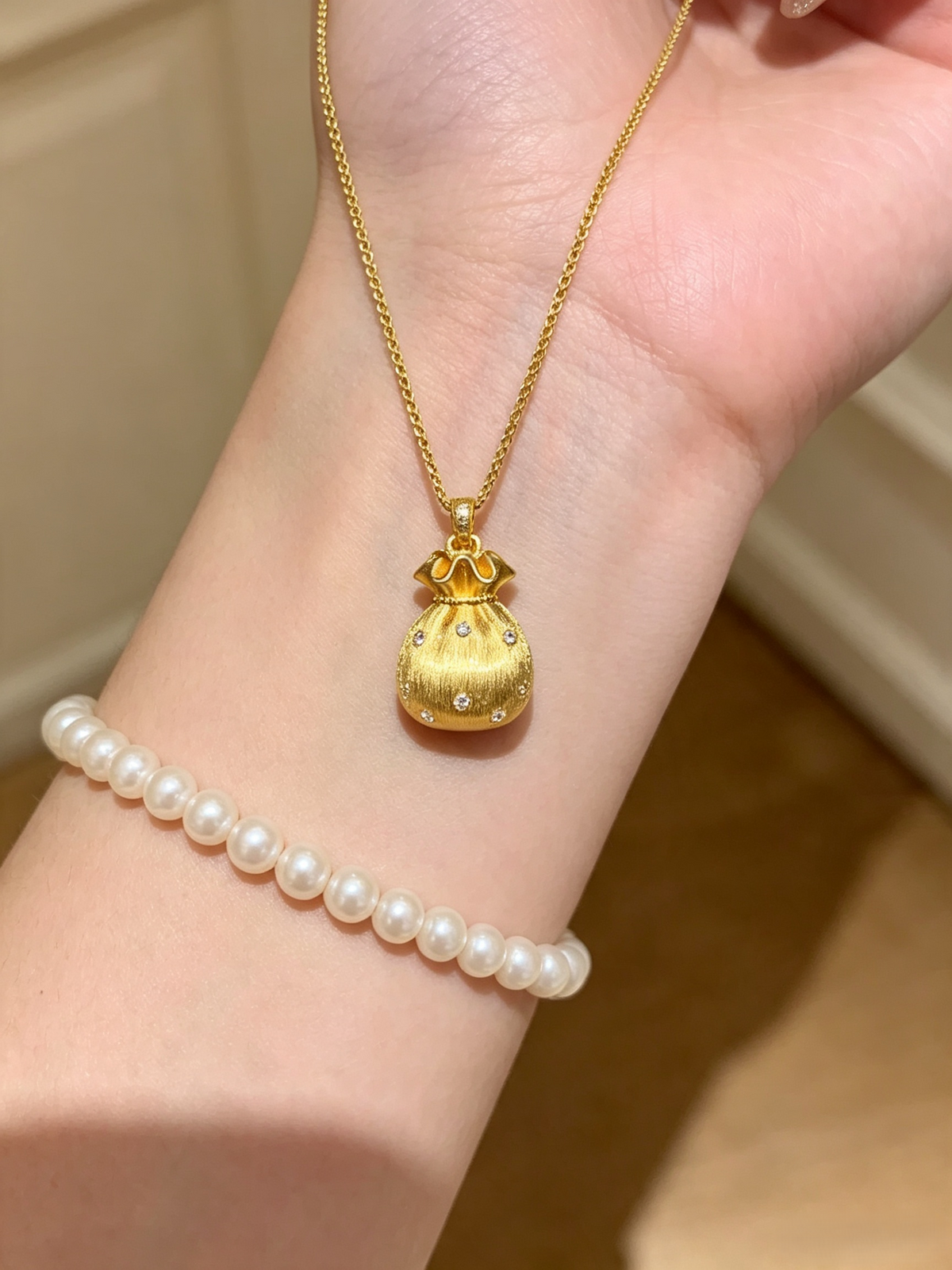 Gold Fortune Bag Pendant Necklace | Brushed Finish & Pavé Crystal Accents | Lucky Charm Jewelry for Women