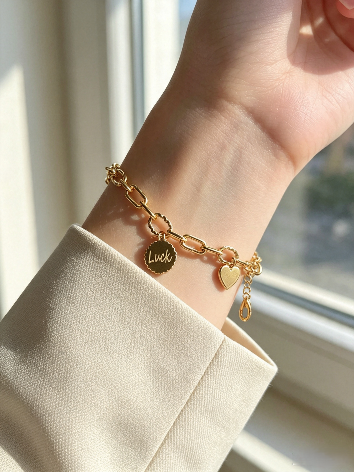 Gold Luck & Heart Charm Bracelet | Paperclip Chain with Twist Links | Adjustable Paperclip Chain Jewelry