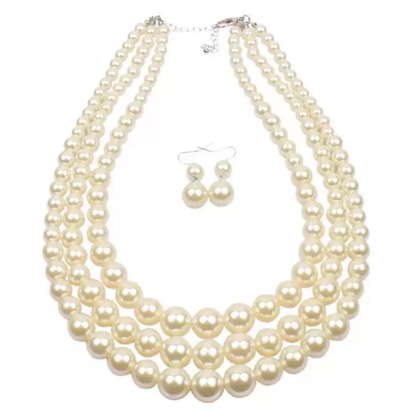 Triple‑Strand Cream Imitation Pearl Jewelry Set‑Vintage Multi‑Layer Necklace