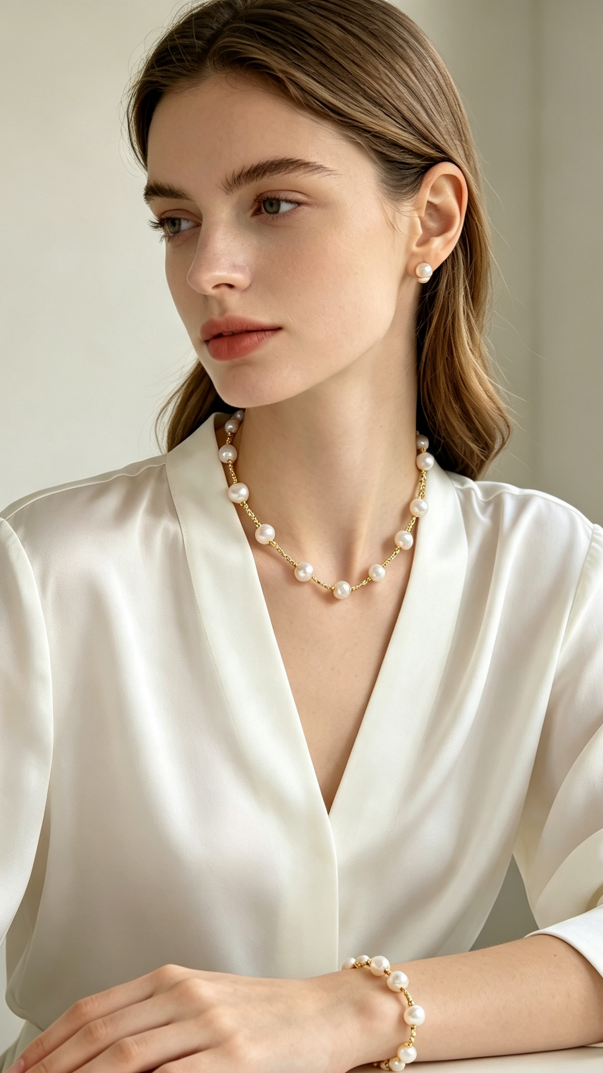 Irregular Pearl Bracelet with Twisted Gold Chain – Vintage Texture