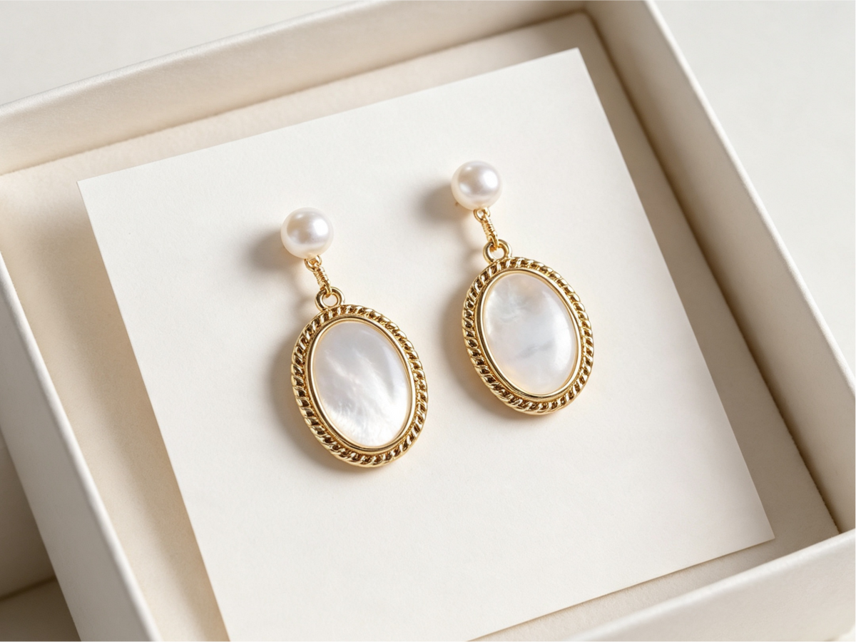 Vintage Twisted Gold Frame Drop Earrings | Natural Oval Shell & Pearl Studs
