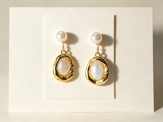 Vintage-Inspired Pearl Drop Earrings | Golden Oval Shell Studs