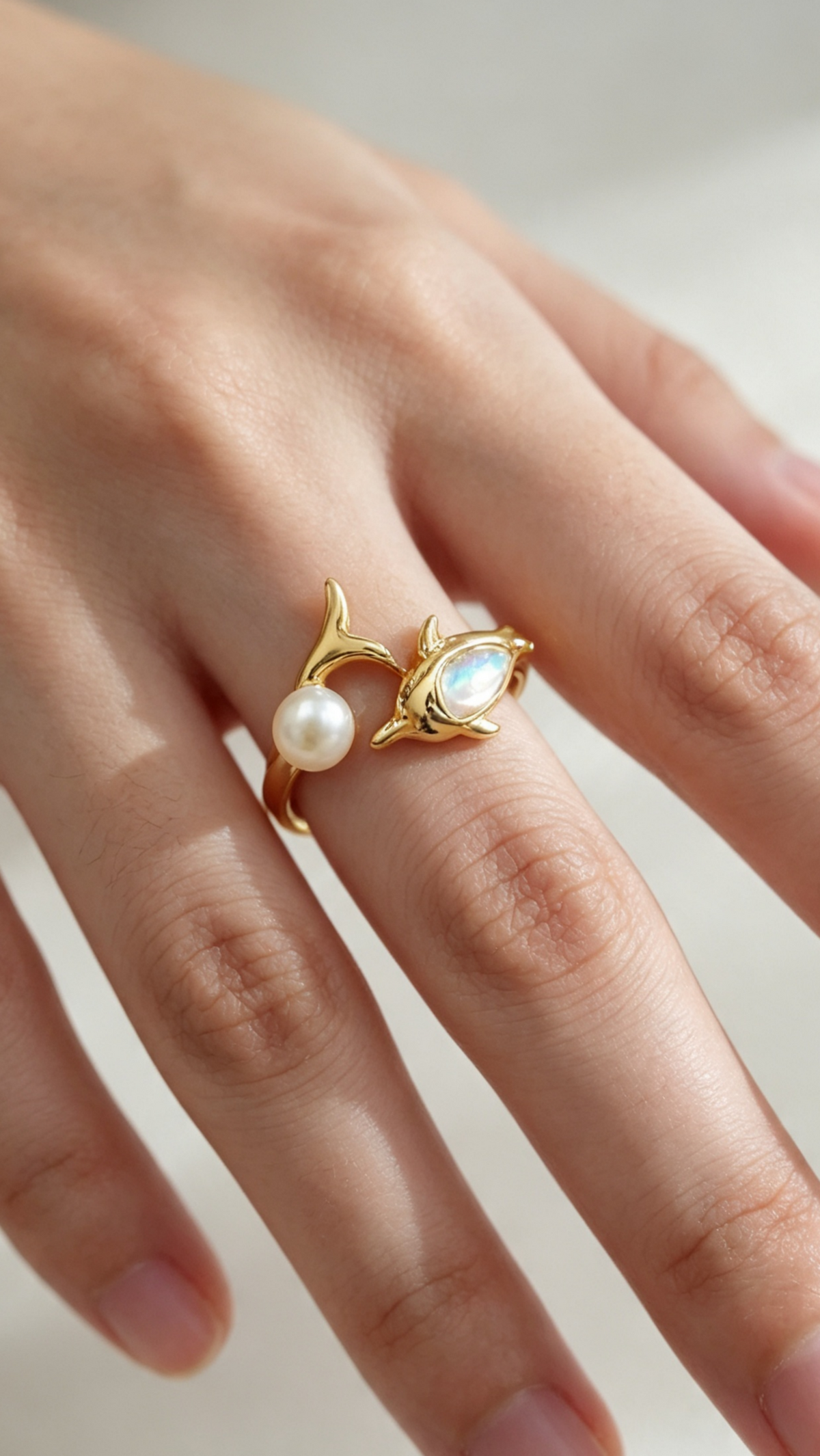 Dolphin Ring – Ocean-Inspired,Stackable Summer Style with Pearl Accent