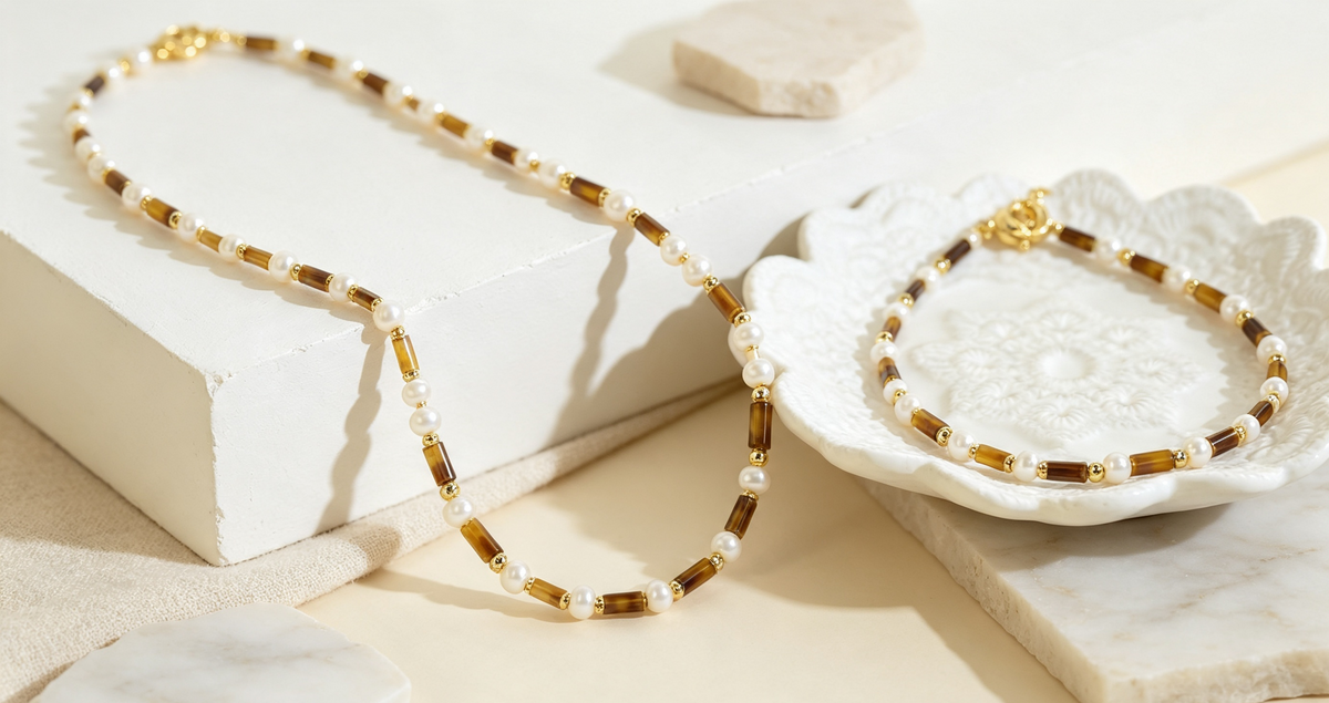 Tiger Eye Bead Necklace & Bracelet Set – Minimalist Stacking Style
