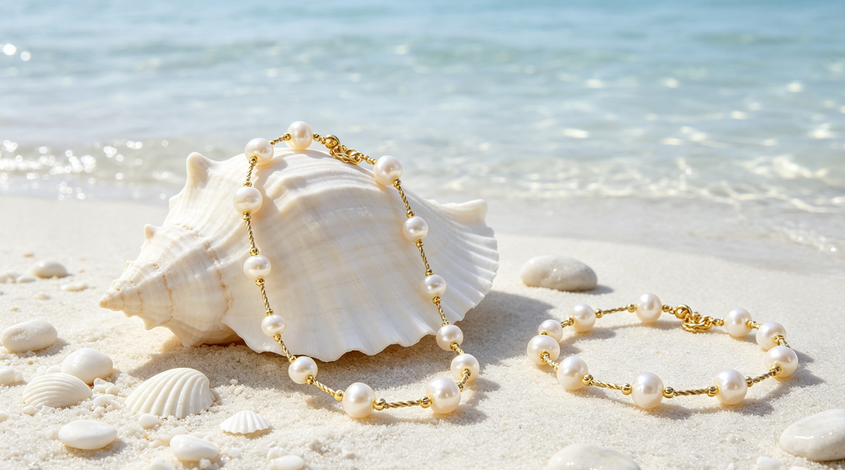 Irregular Pearl Bracelet with Twisted Gold Chain – Vintage Texture