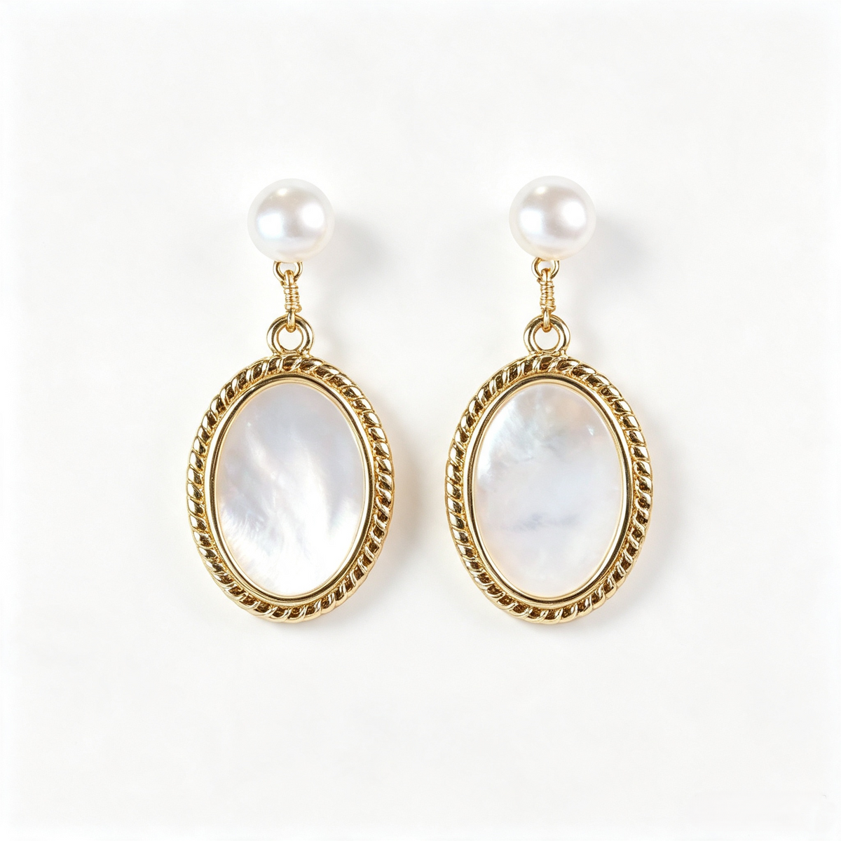 Vintage Twisted Gold Frame Drop Earrings | Natural Oval Shell & Pearl Studs