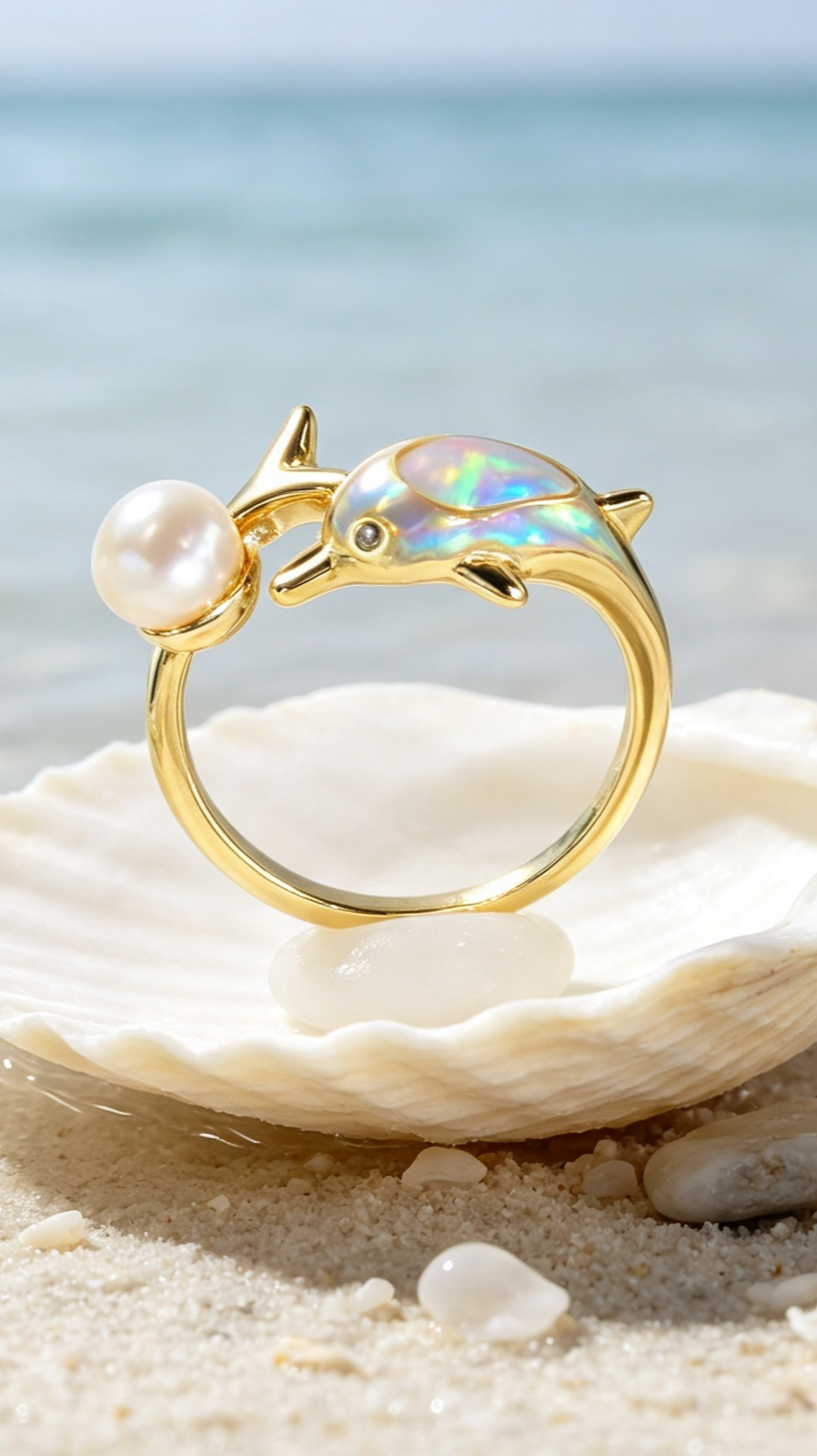 Dolphin Ring – Ocean-Inspired,Stackable Summer Style with Pearl Accent