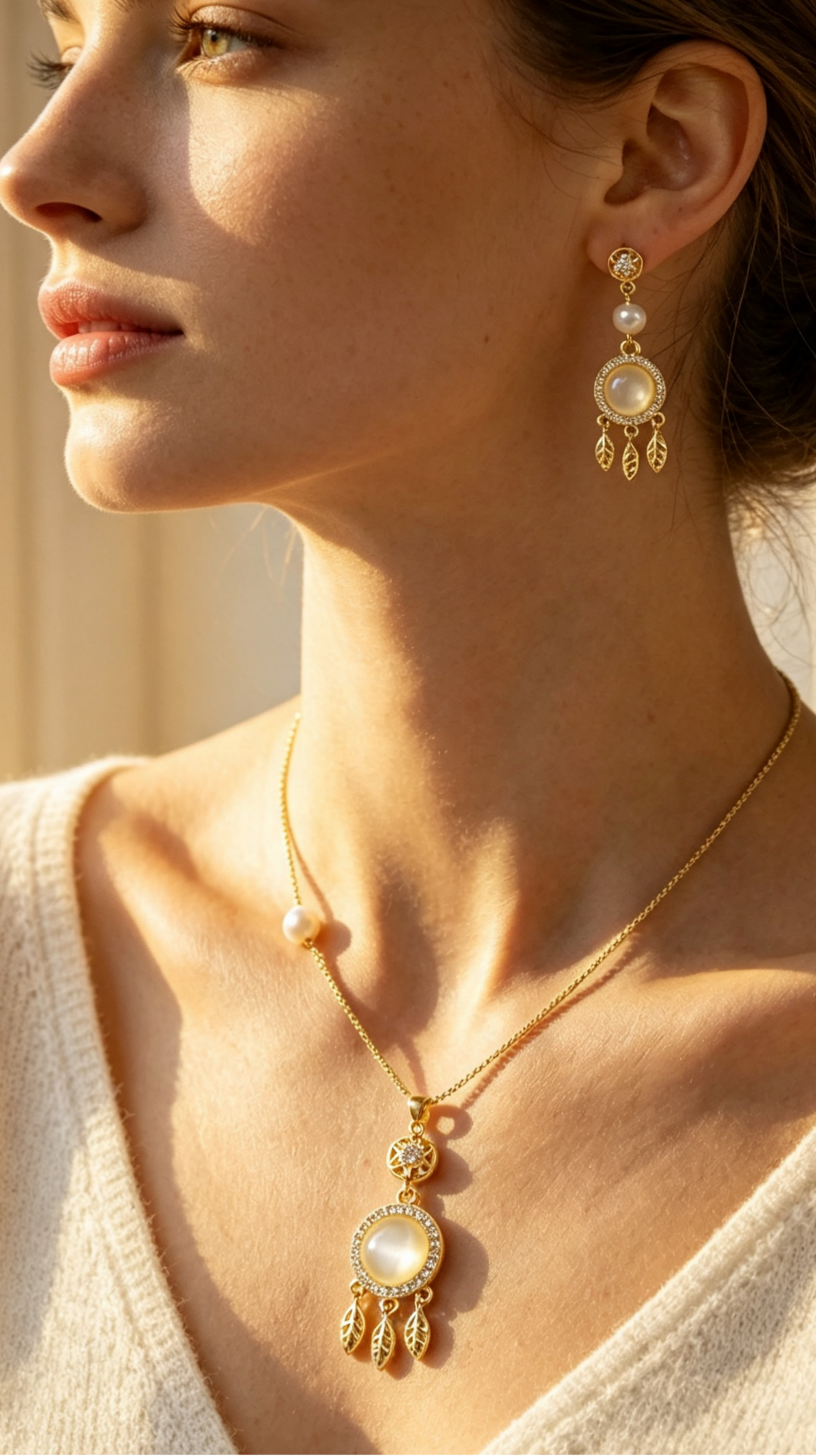 Dreamcatcher Necklace – Gold Leaf Tassel, Cat's Eye Stone & Boho Charm