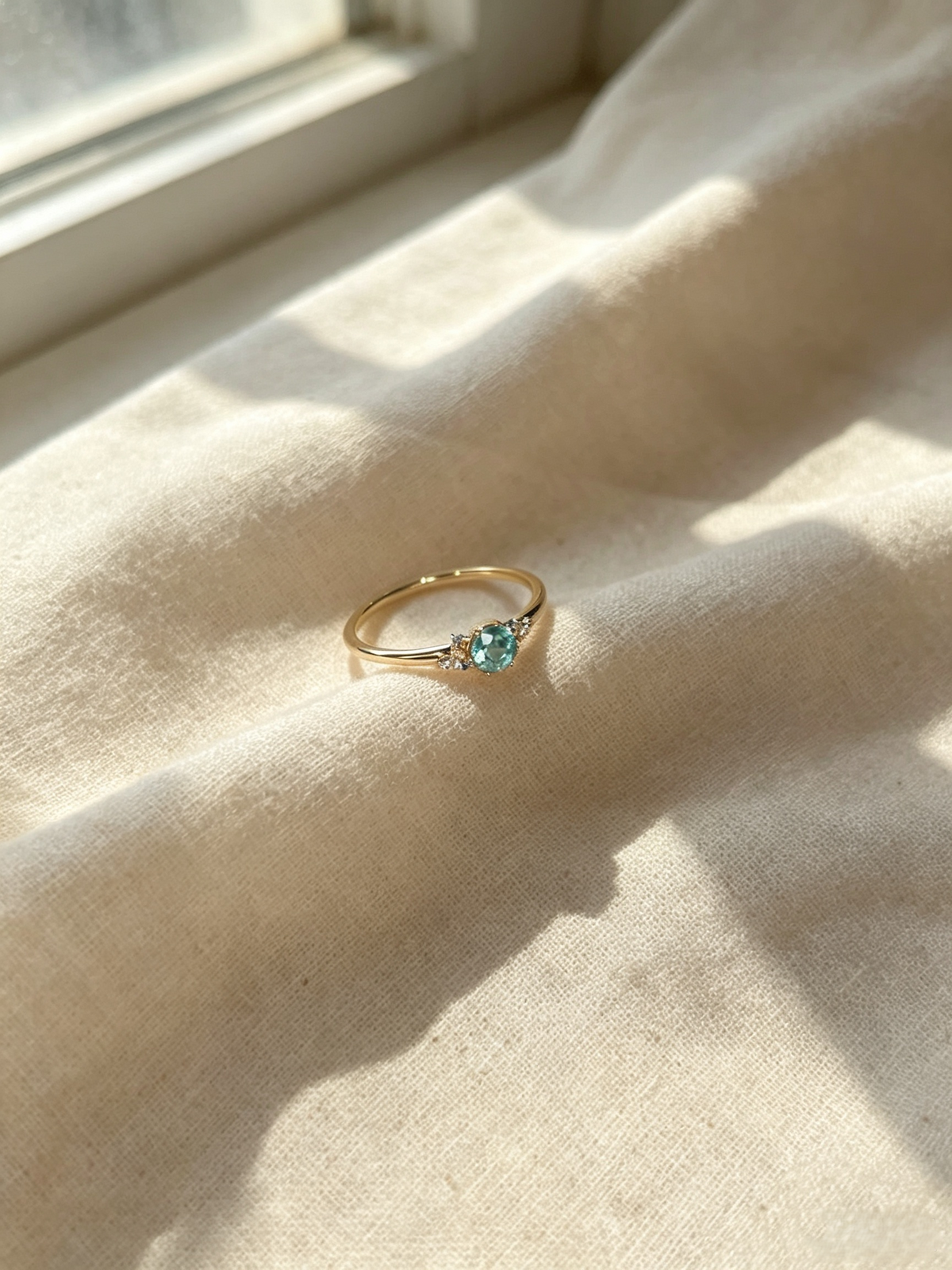 Dainty Aqua Blue Solitaire Ring | Minimalist Adjustable Gold Band with Side Stones