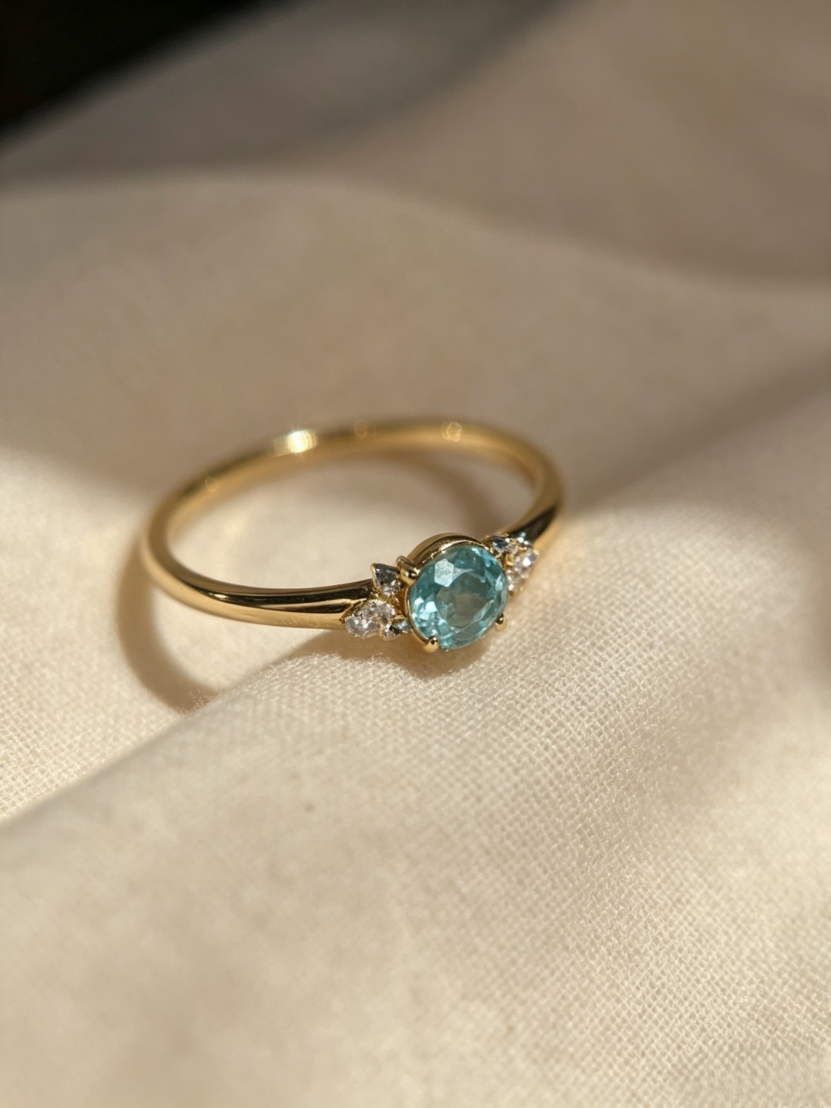 Dainty Aqua Blue Solitaire Ring | Minimalist Adjustable Gold Band with Side Stones