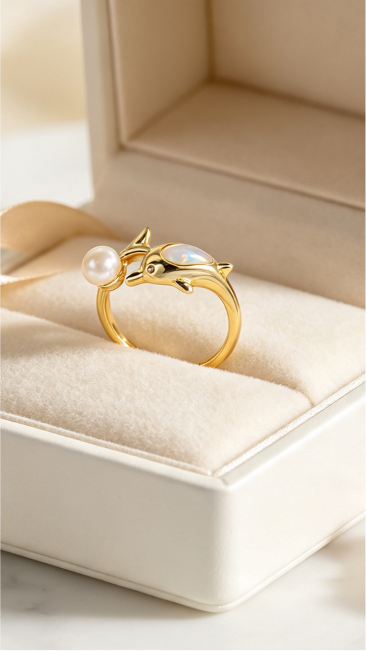 Dolphin Ring – Ocean-Inspired,Stackable Summer Style with Pearl Accent