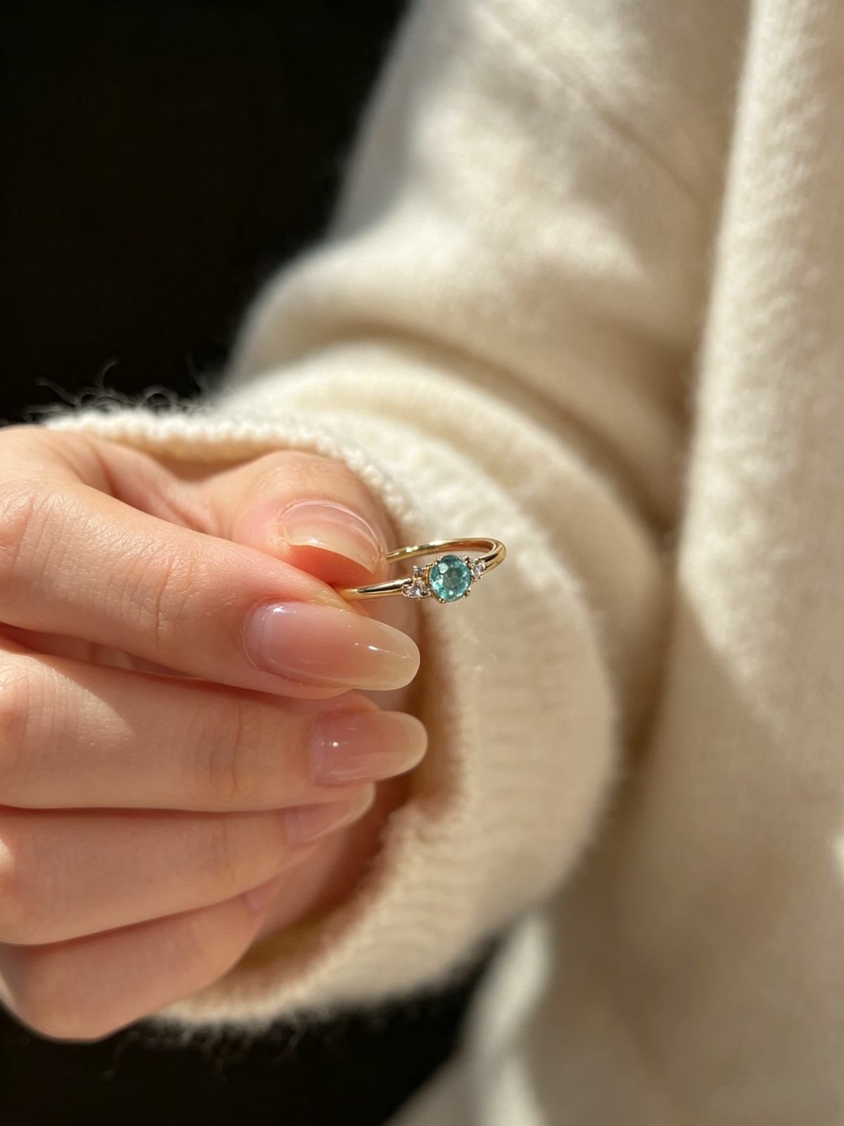 Dainty Aqua Blue Solitaire Ring | Minimalist Adjustable Gold Band with Side Stones