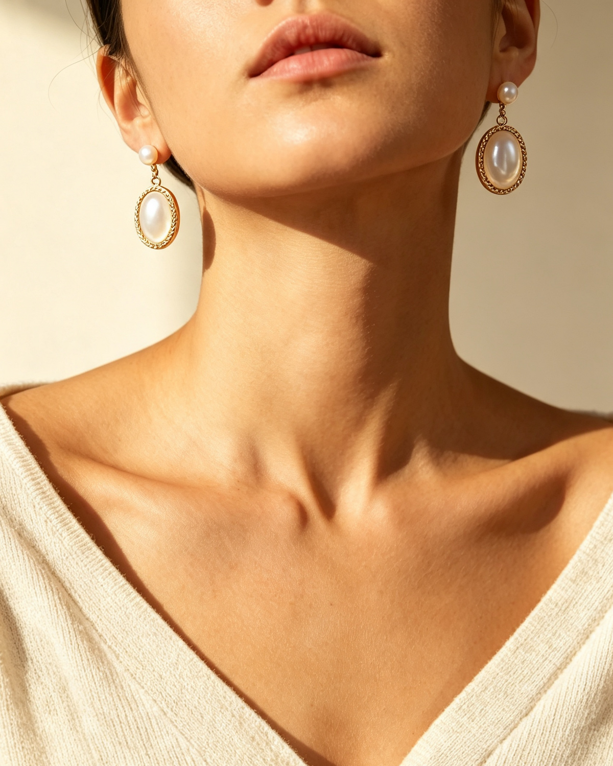 Vintage Twisted Gold Frame Drop Earrings | Natural Oval Shell & Pearl Studs