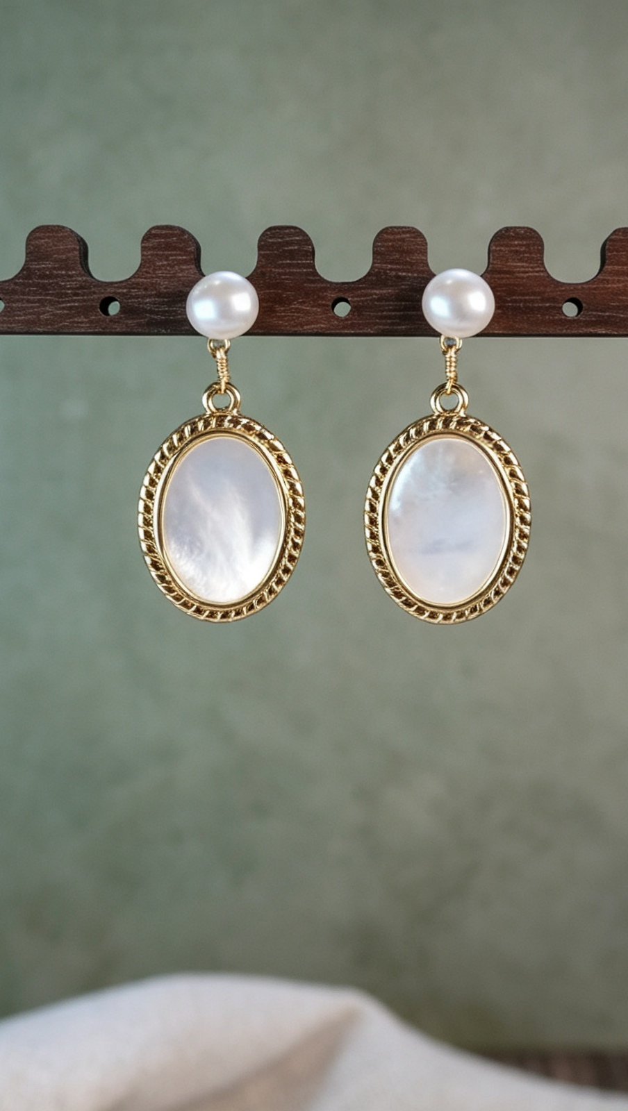 Vintage Twisted Gold Frame Drop Earrings | Natural Oval Shell & Pearl Studs
