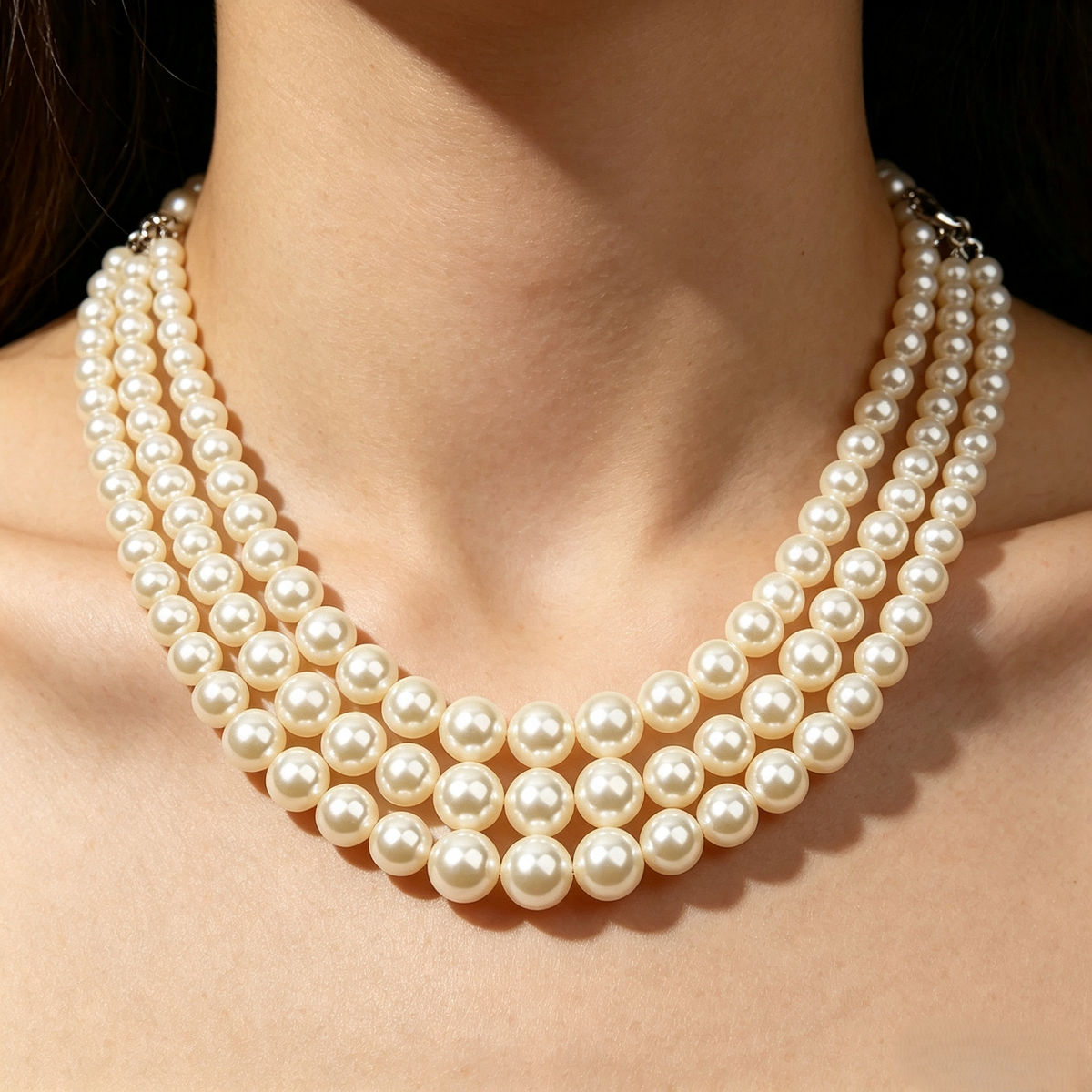 Triple‑Strand Cream Imitation Pearl Jewelry Set‑Vintage Multi‑Layer Necklace