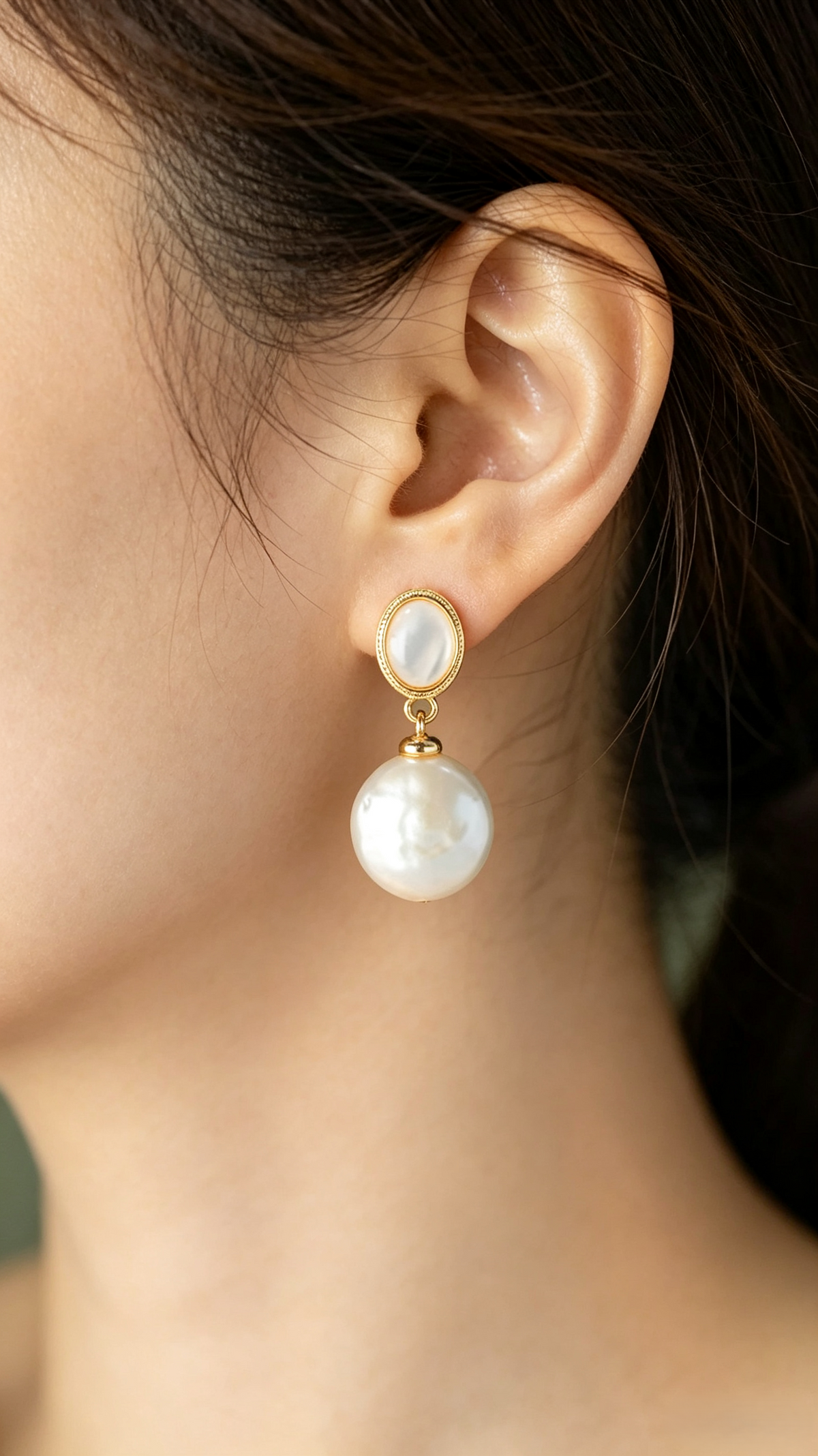 French Vintage Pearl Drop Earrings | Elegant Oval Shell Studs with Round Pearl Dangle