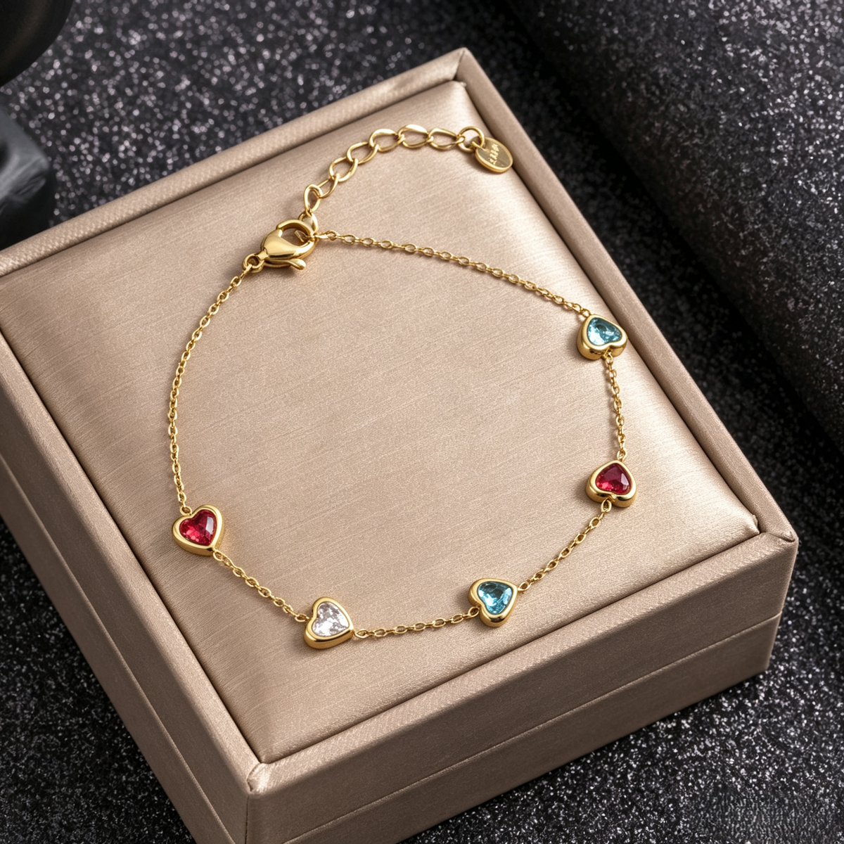 Colorful Heart Gemstone Bracelet | Dainty Gold Chain with Bezel-Set Crystals | Adjustable Stacking Jewelry