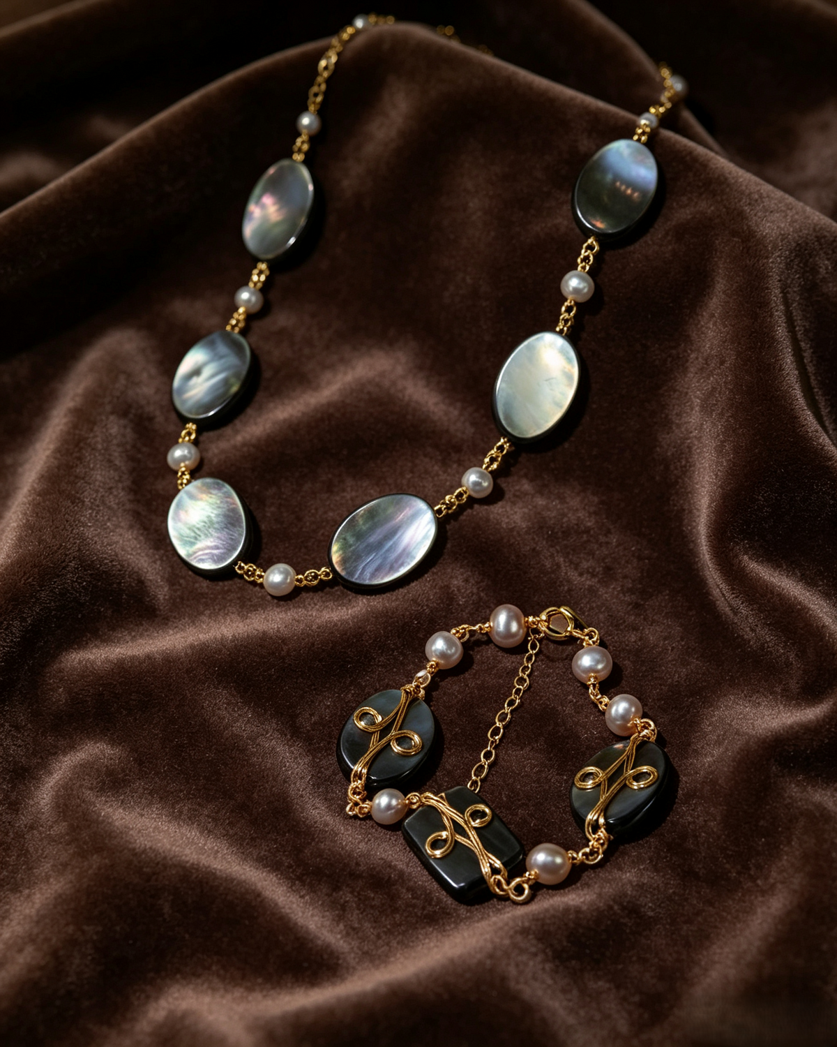 Aurora Black Shell Jewelry Set | Oval Pearl & Gold-Wrapped Necklace + Bracelet