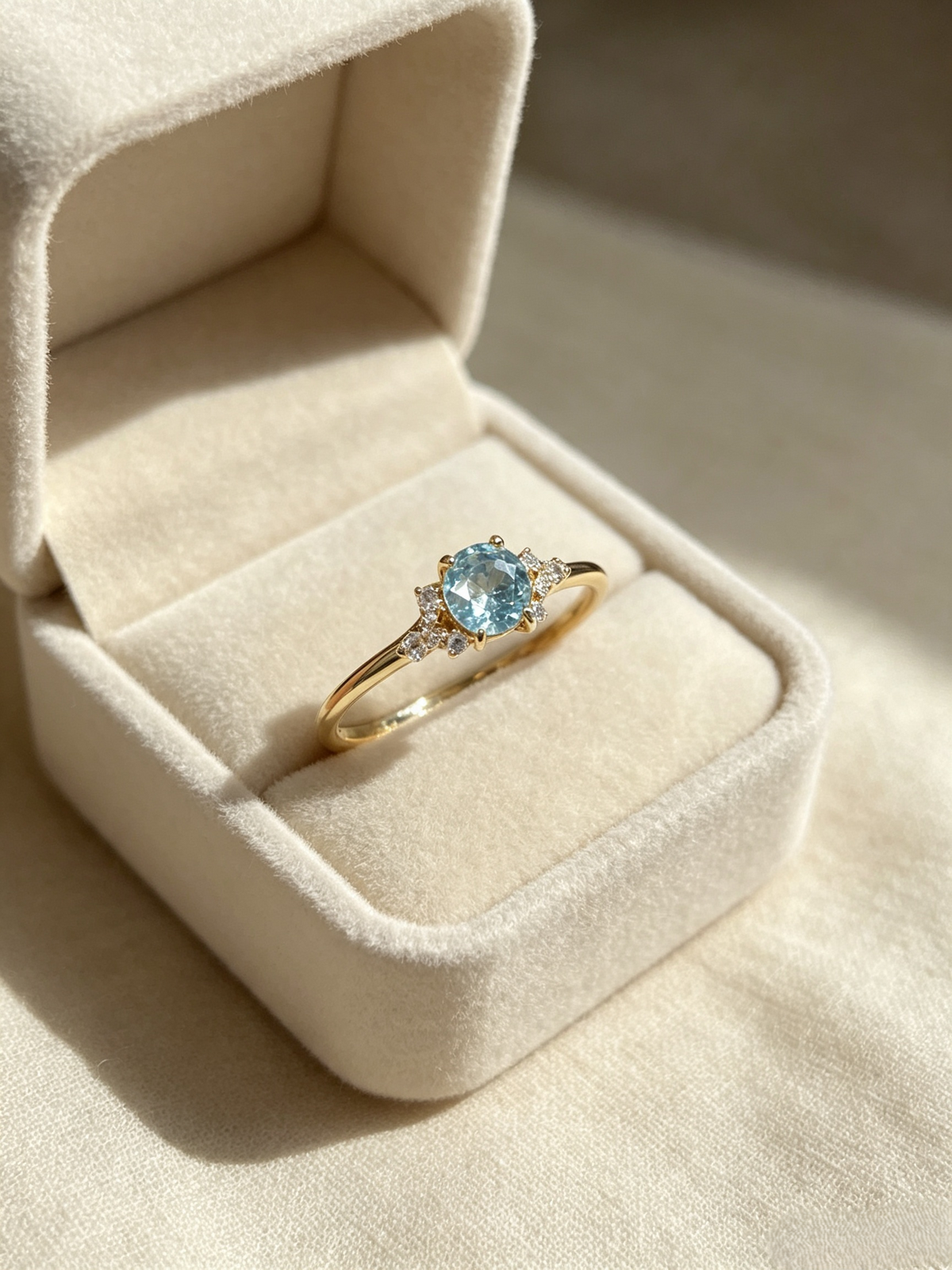 Dainty Aqua Blue Solitaire Ring | Minimalist Adjustable Gold Band with Side Stones