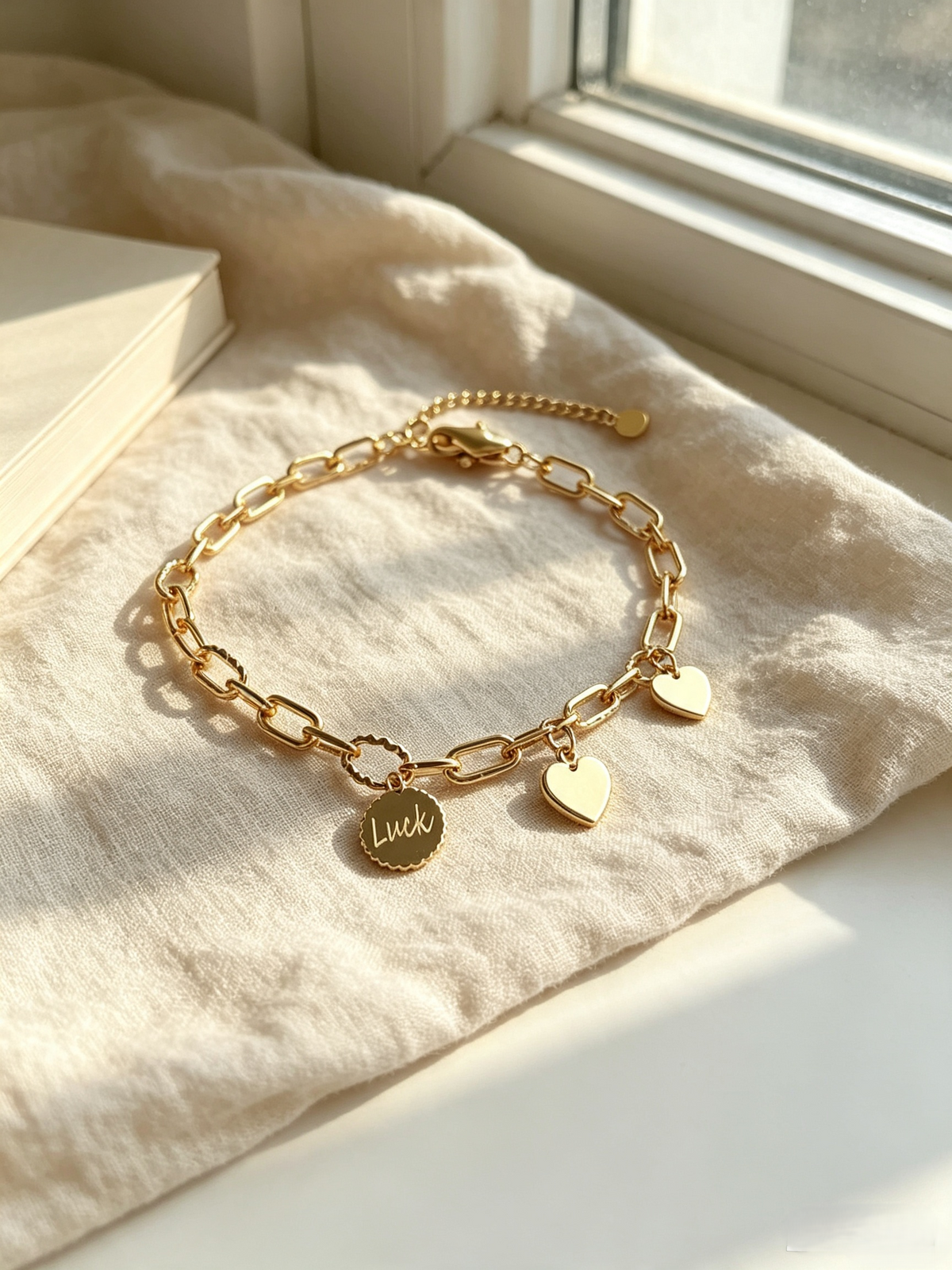 Gold Luck & Heart Charm Bracelet | Paperclip Chain with Twist Links | Adjustable Paperclip Chain Jewelry