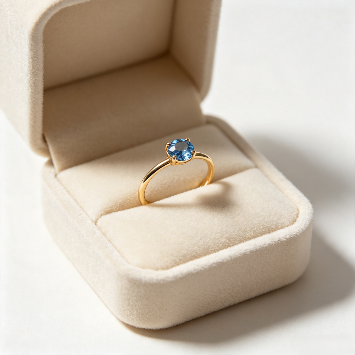 Dainty Blue Solitaire Ring | Minimalist Gold Band with Round Faceted Stone