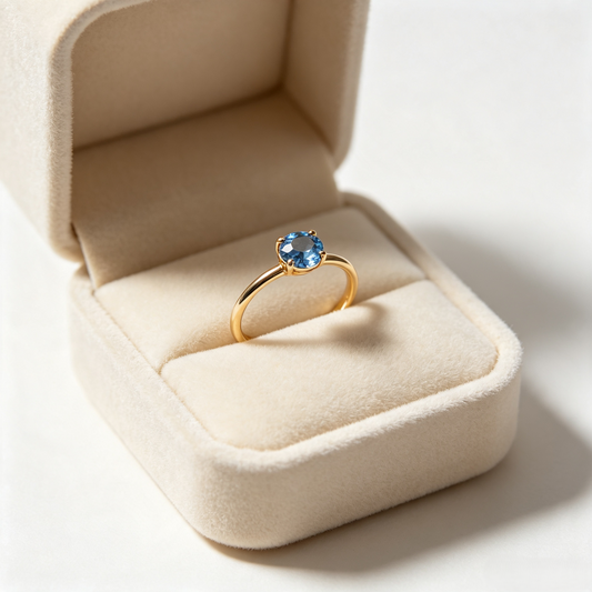 Dainty Blue Solitaire Ring | Minimalist Gold Band with Round Faceted Stone