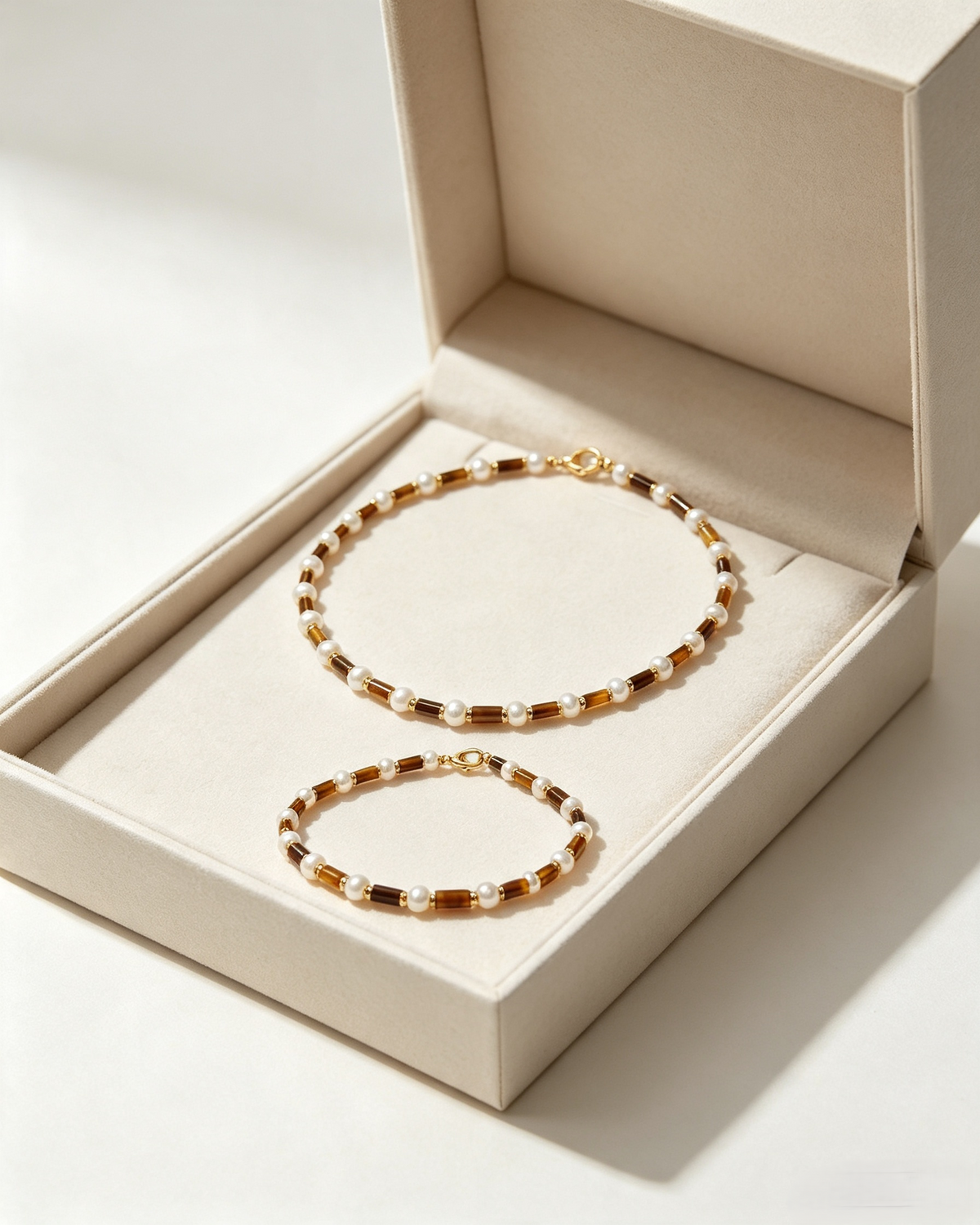 Tiger Eye Bead Necklace & Bracelet Set – Minimalist Stacking Style