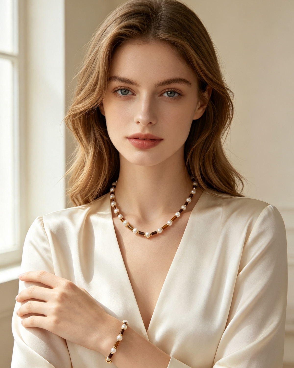 Tiger Eye Bead Necklace & Bracelet Set – Minimalist Stacking Style