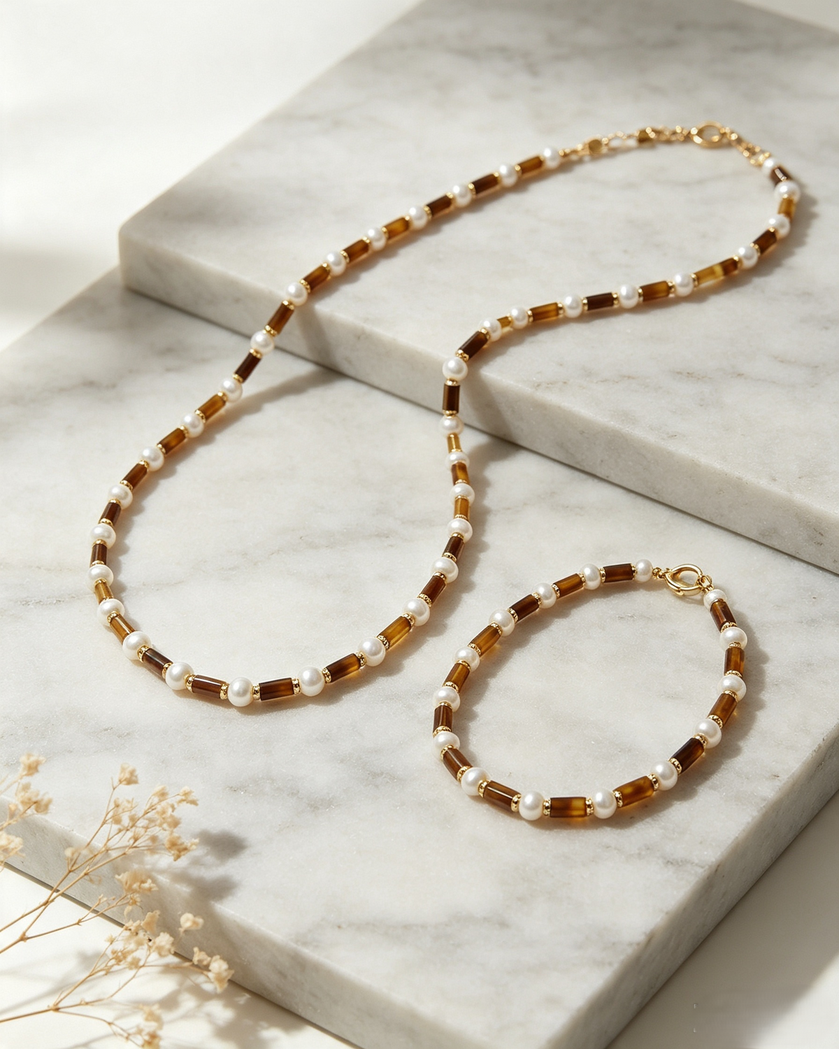 Tiger Eye Bead Necklace & Bracelet Set – Minimalist Stacking Style