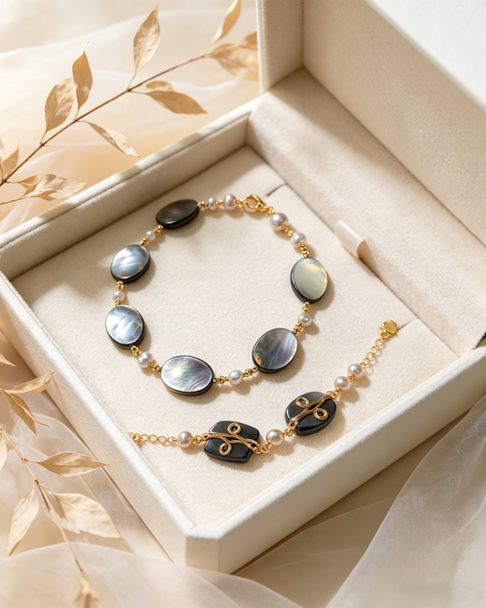 Aurora Black Shell Jewelry Set | Oval Pearl & Gold-Wrapped Necklace + Bracelet