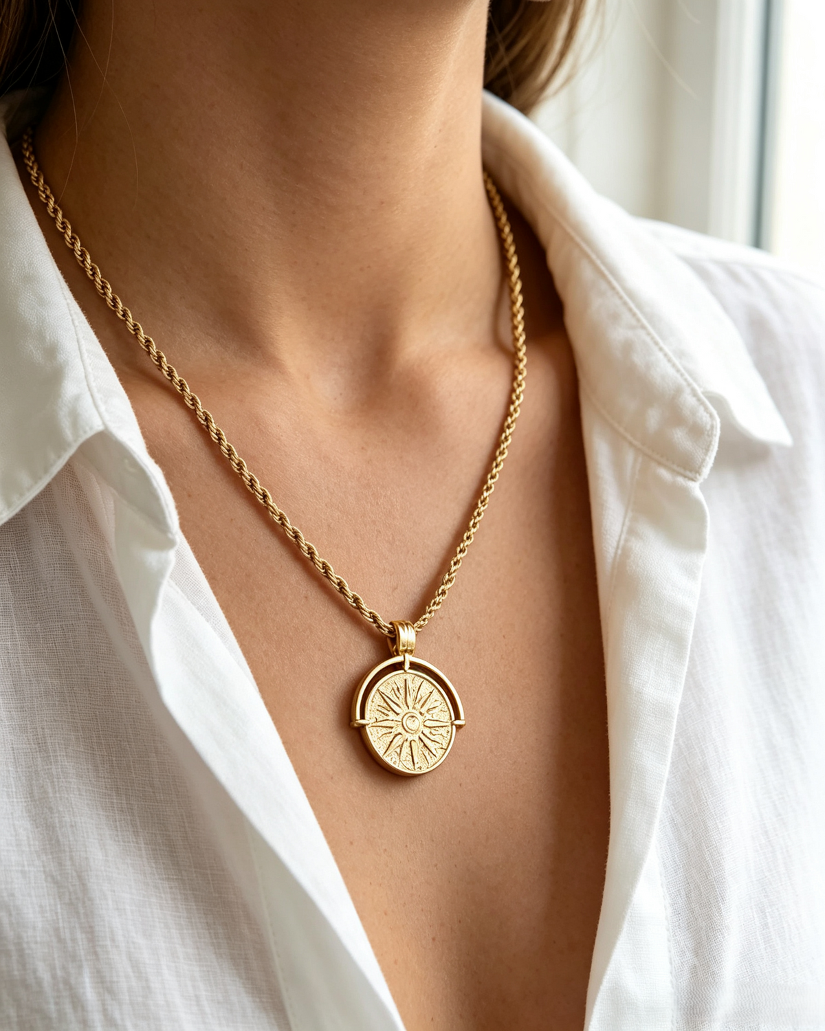Vintage Sunburst Coin Pendant Necklace | Textured Gold Medallion with Rope Chain
