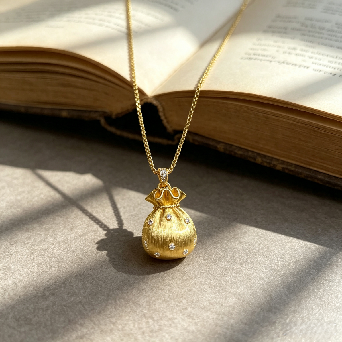 Gold Fortune Bag Pendant Necklace | Brushed Finish & Pavé Crystal Accents | Lucky Charm Jewelry for Women