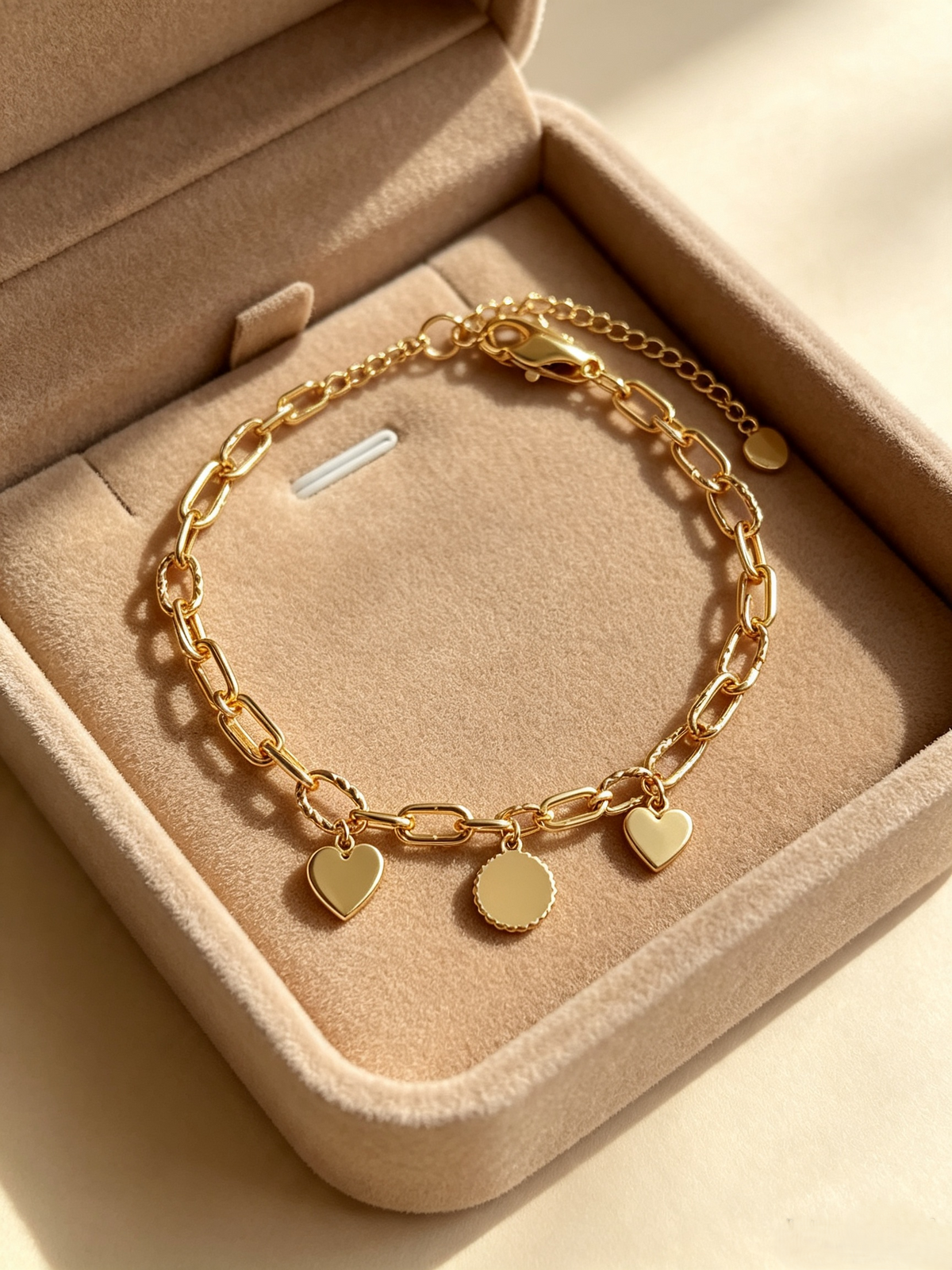 Gold Luck & Heart Charm Bracelet | Paperclip Chain with Twist Links | Adjustable Paperclip Chain Jewelry