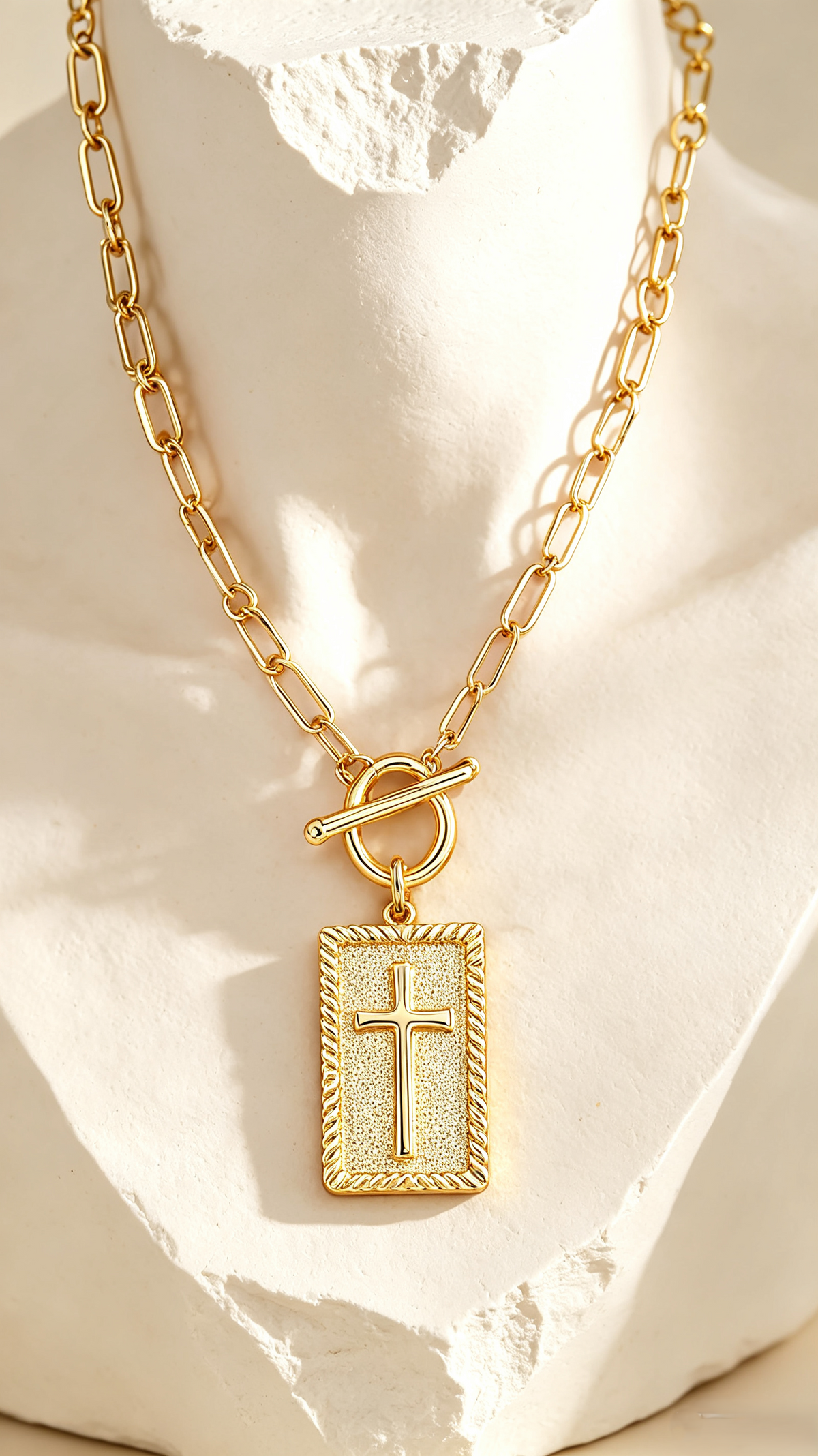 Gold Paperclip Chain Cross Necklace | Rectangular Textured Pendant with Toggle Clasp