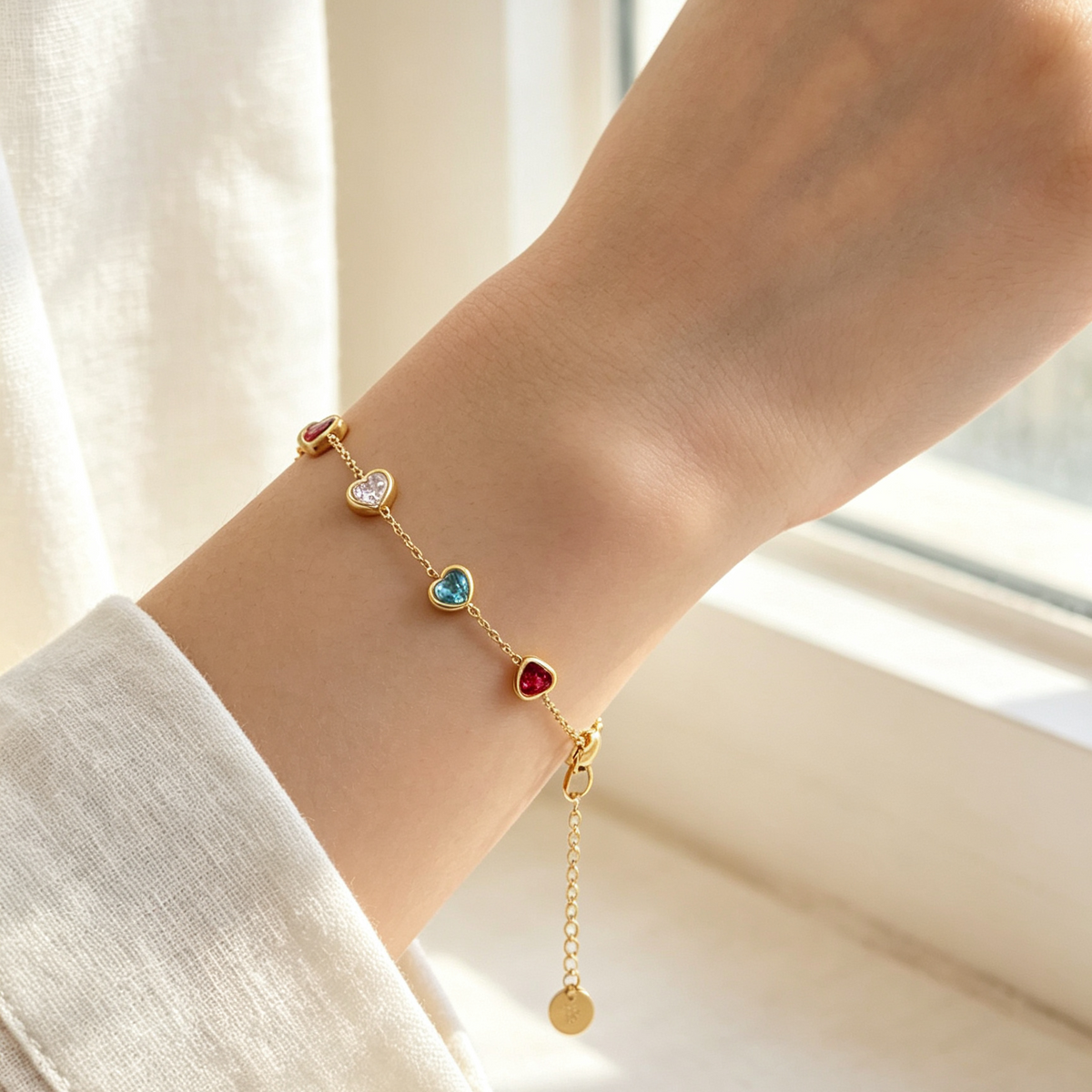 Colorful Heart Gemstone Bracelet | Dainty Gold Chain with Bezel-Set Crystals | Adjustable Stacking Jewelry