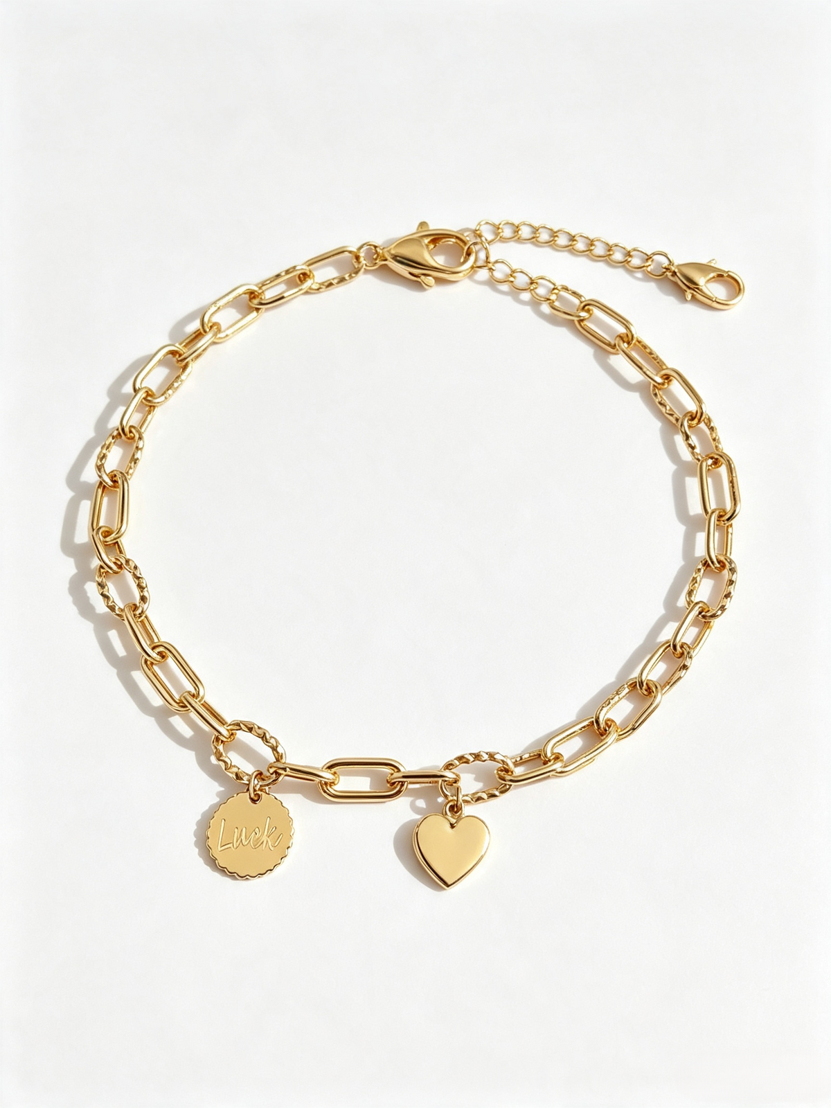 Gold Luck & Heart Charm Bracelet | Paperclip Chain with Twist Links | Adjustable Paperclip Chain Jewelry