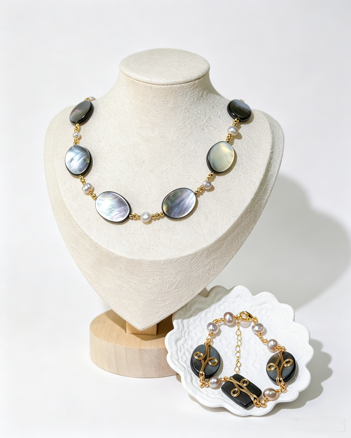 Aurora Black Shell Jewelry Set | Oval Pearl & Gold-Wrapped Necklace + Bracelet