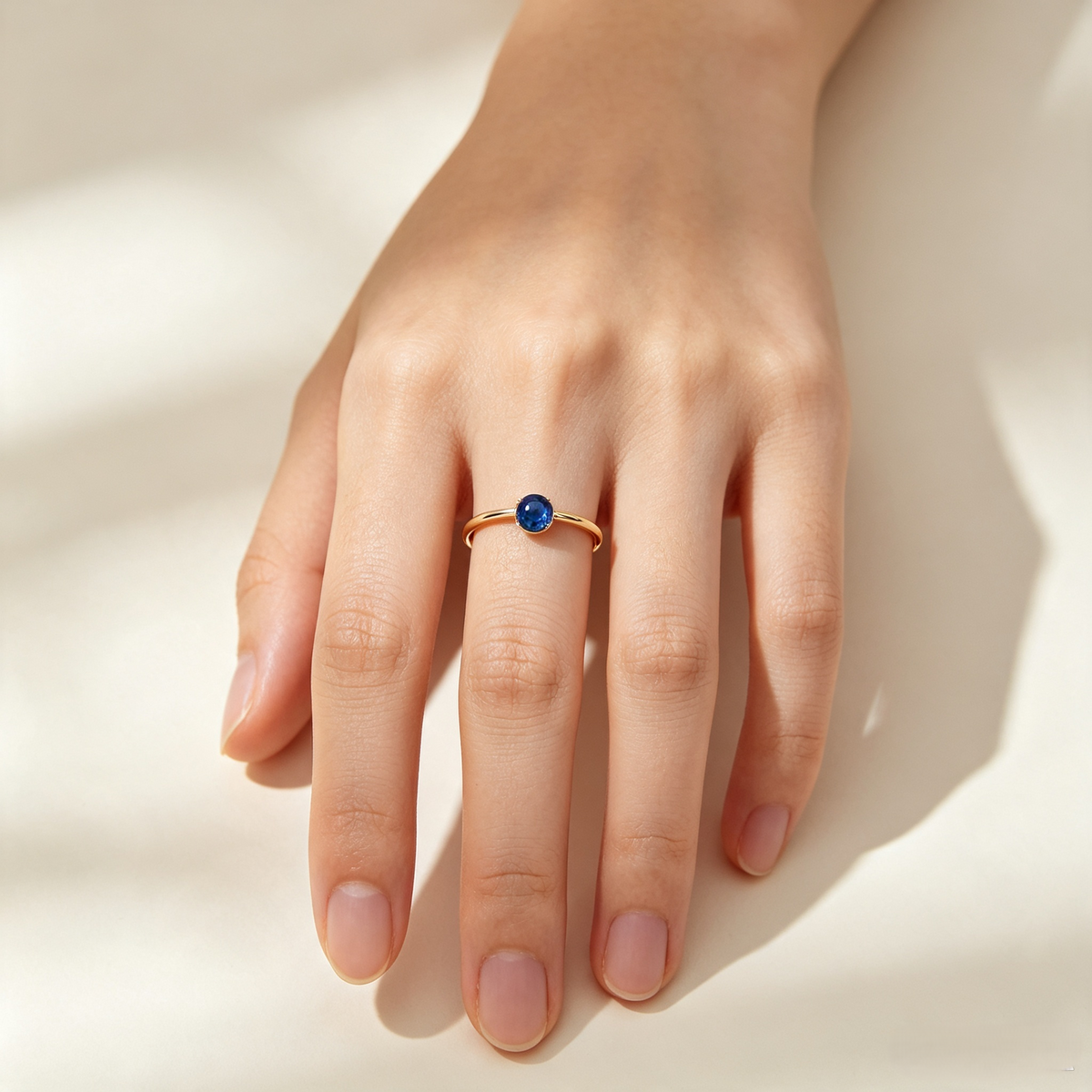 Dainty Blue Solitaire Ring | Minimalist Gold Band with Round Faceted Stone