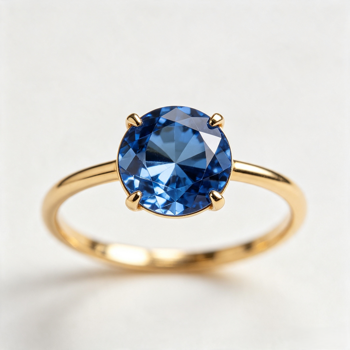 Dainty Blue Solitaire Ring | Minimalist Gold Band with Round Faceted Stone
