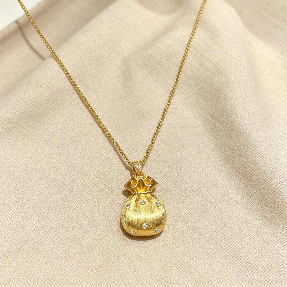 Gold Fortune Bag Pendant Necklace | Brushed Finish & Pavé Crystal Accents | Lucky Charm Jewelry for Women