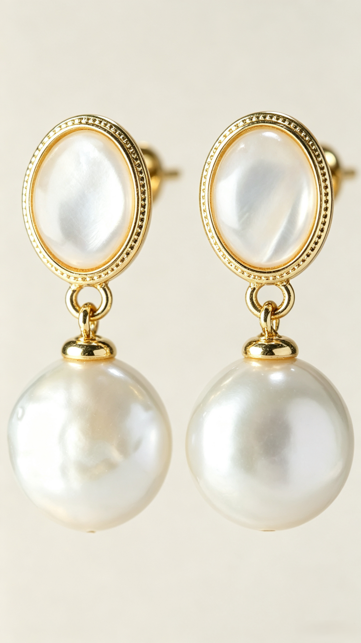 French Vintage Pearl Drop Earrings | Elegant Oval Shell Studs with Round Pearl Dangle