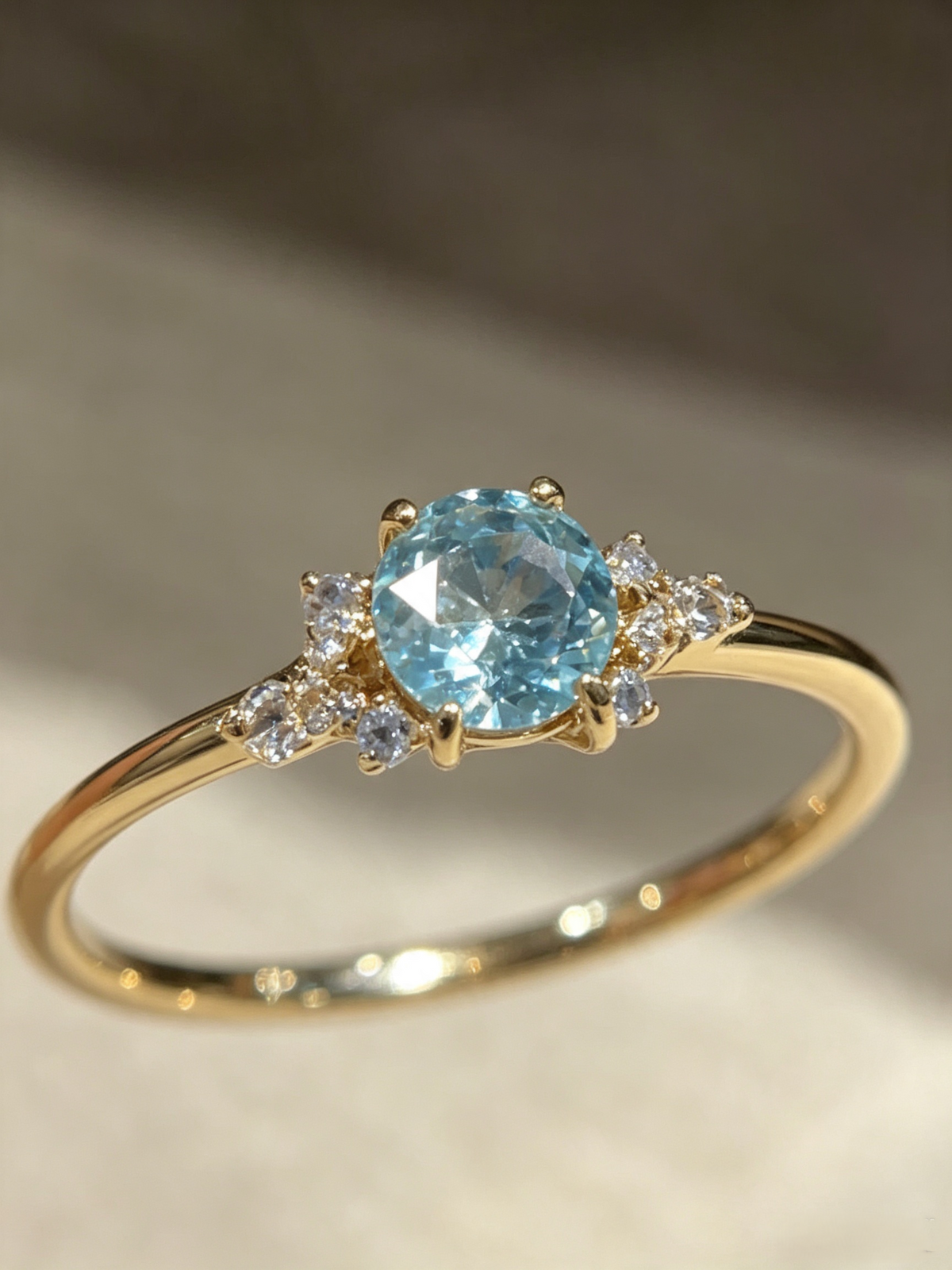 Dainty Aqua Blue Solitaire Ring | Minimalist Adjustable Gold Band with Side Stones
