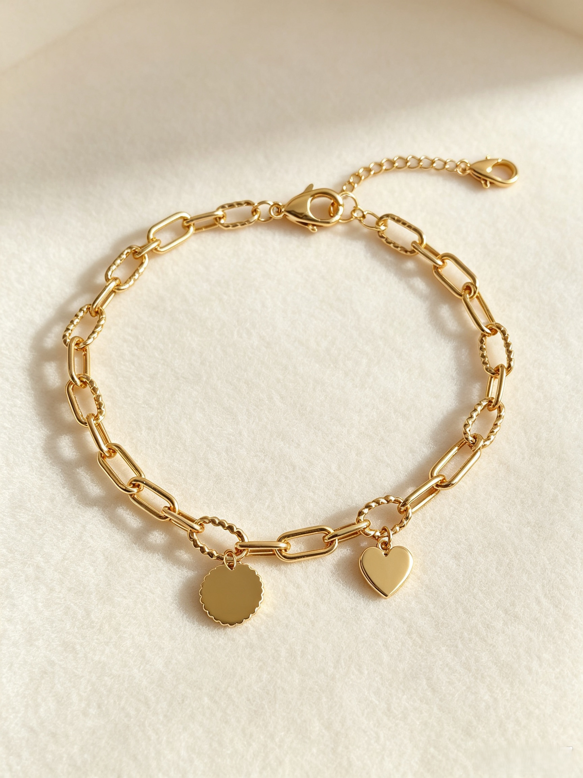 Gold Luck & Heart Charm Bracelet | Paperclip Chain with Twist Links | Adjustable Paperclip Chain Jewelry