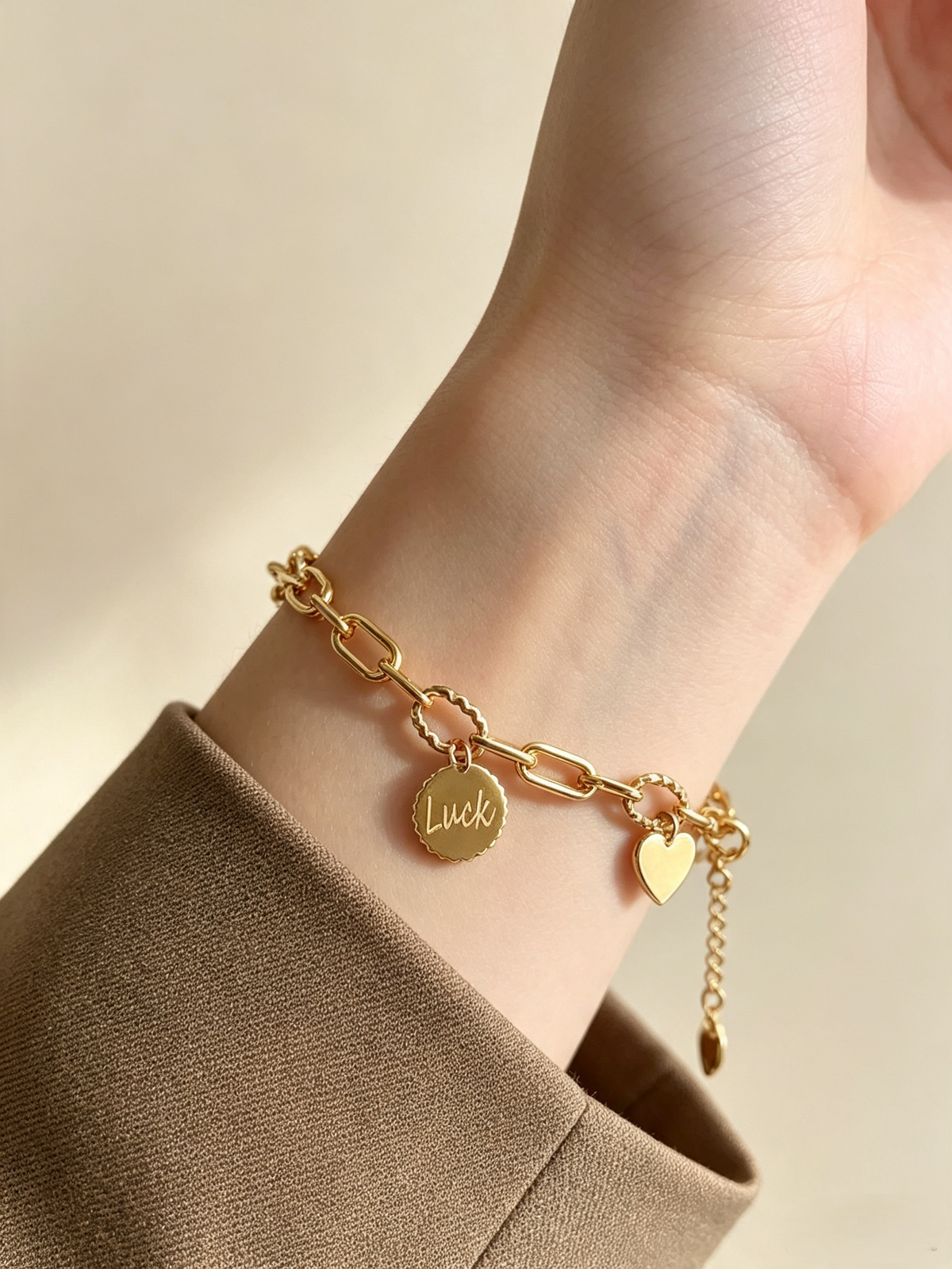 Gold Luck & Heart Charm Bracelet | Paperclip Chain with Twist Links | Adjustable Paperclip Chain Jewelry
