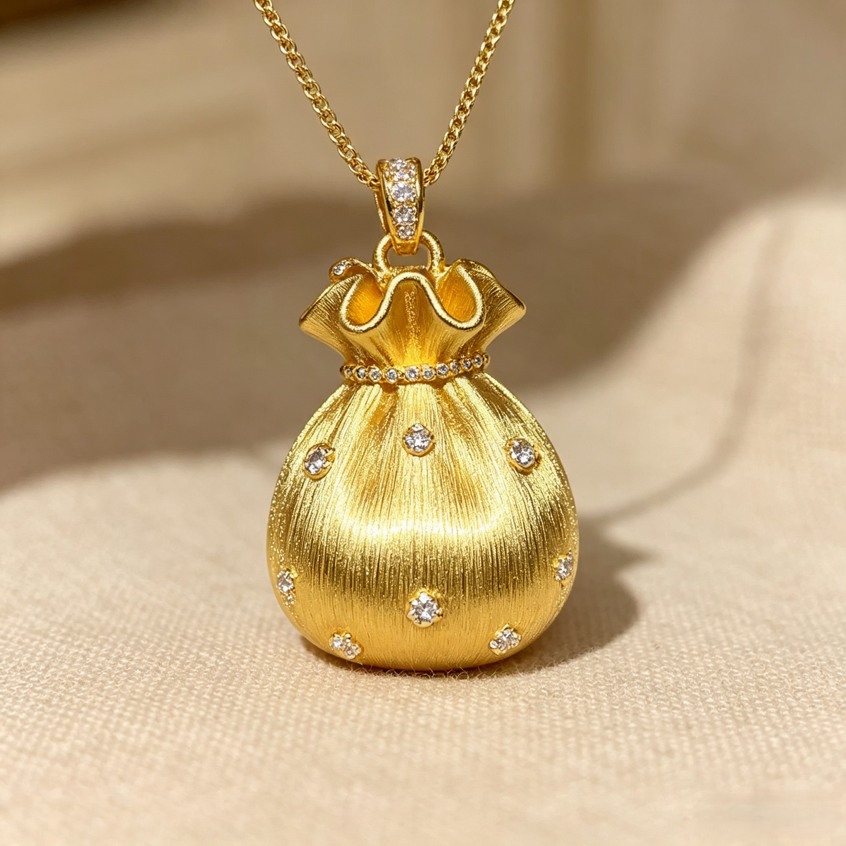 Gold Fortune Bag Pendant Necklace | Brushed Finish & Pavé Crystal Accents | Lucky Charm Jewelry for Women