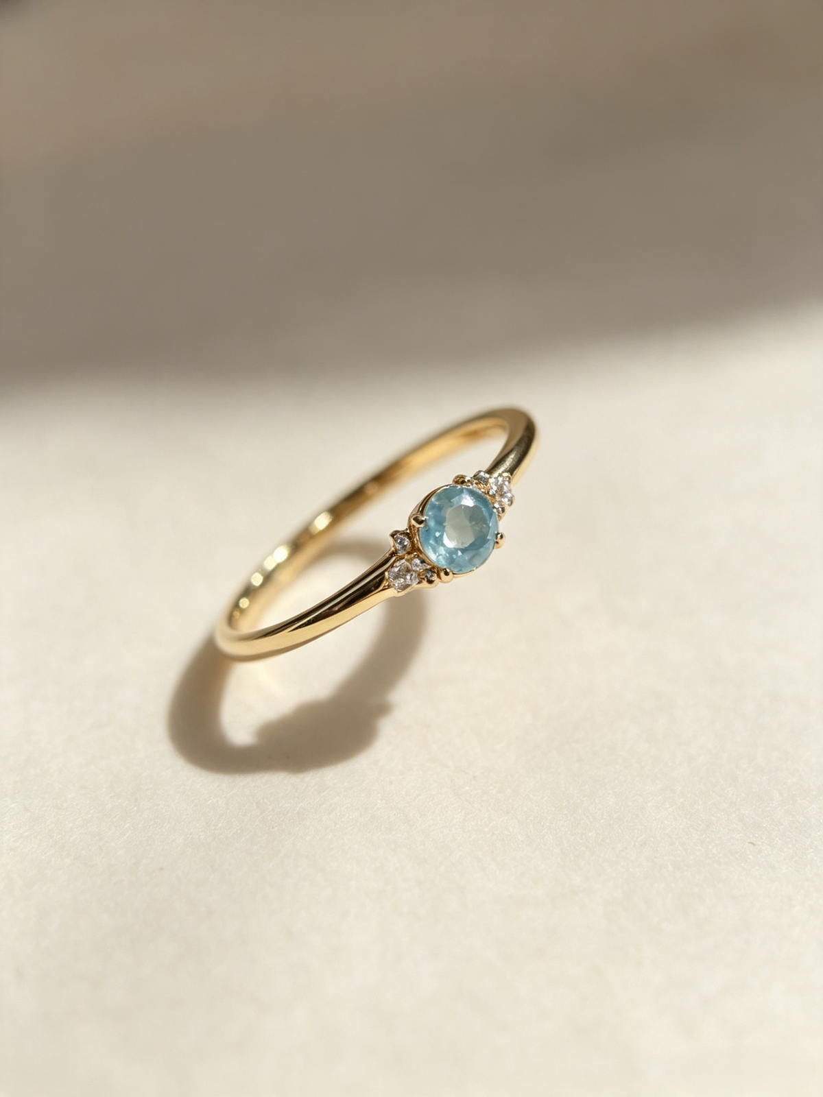 Dainty Aqua Blue Solitaire Ring | Minimalist Adjustable Gold Band with Side Stones