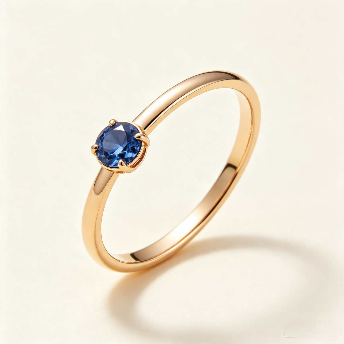 Dainty Blue Solitaire Ring | Minimalist Gold Band with Round Faceted Stone