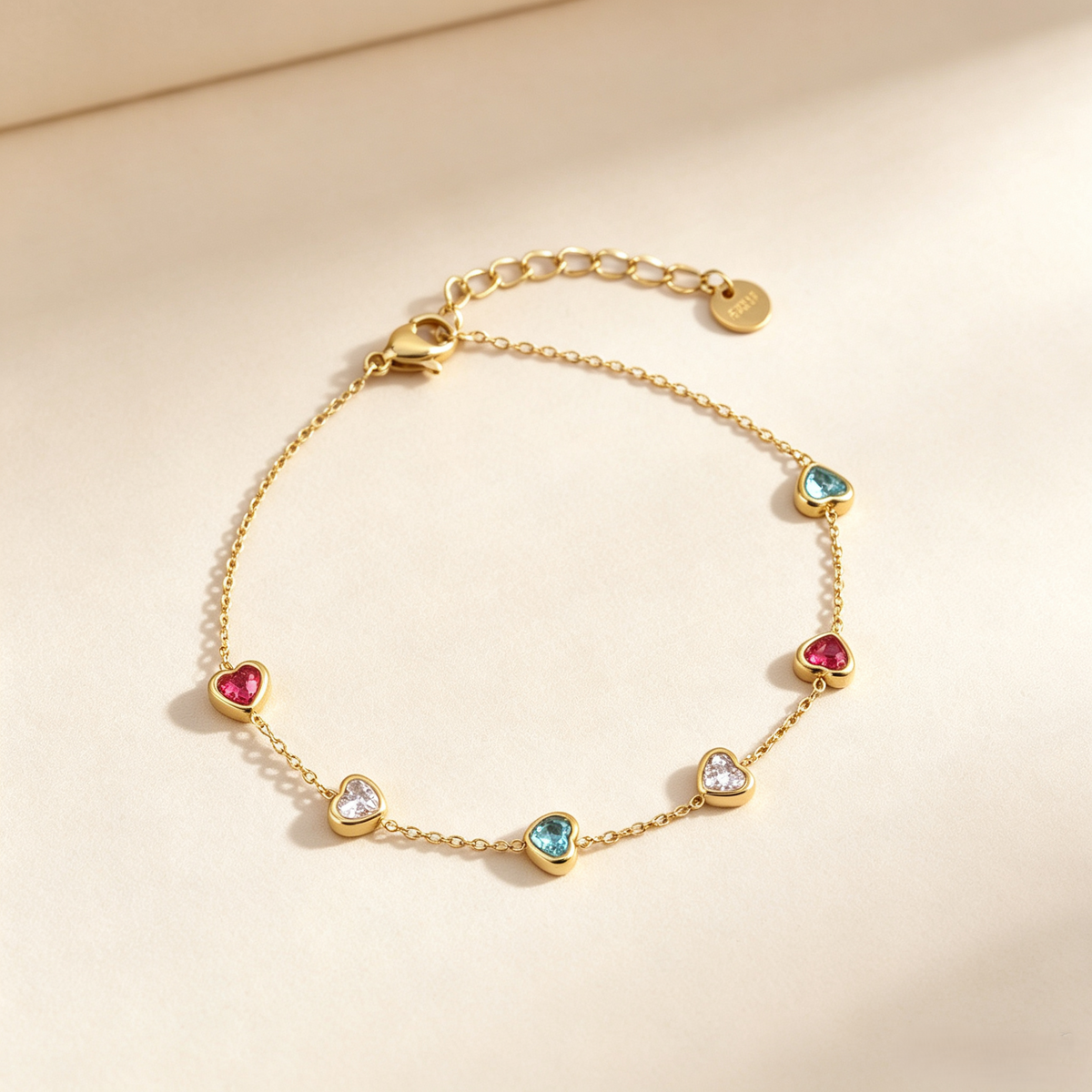Colorful Heart Gemstone Bracelet | Dainty Gold Chain with Bezel-Set Crystals | Adjustable Stacking Jewelry